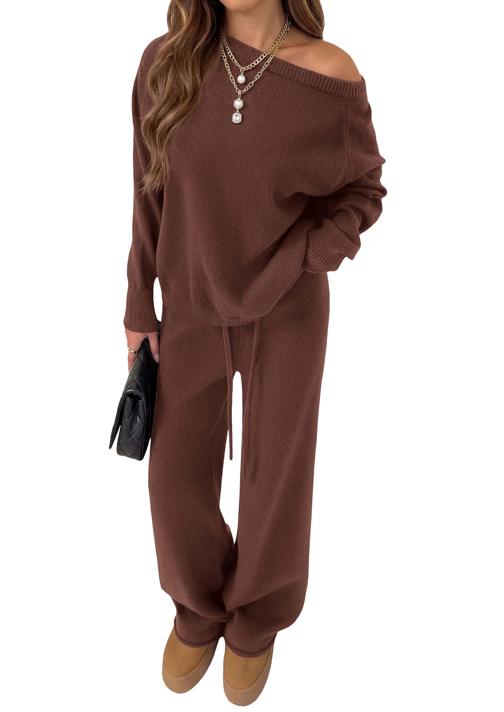 Lounge Sets Womens Sweaters Two Piece Outfits (Brown,S)