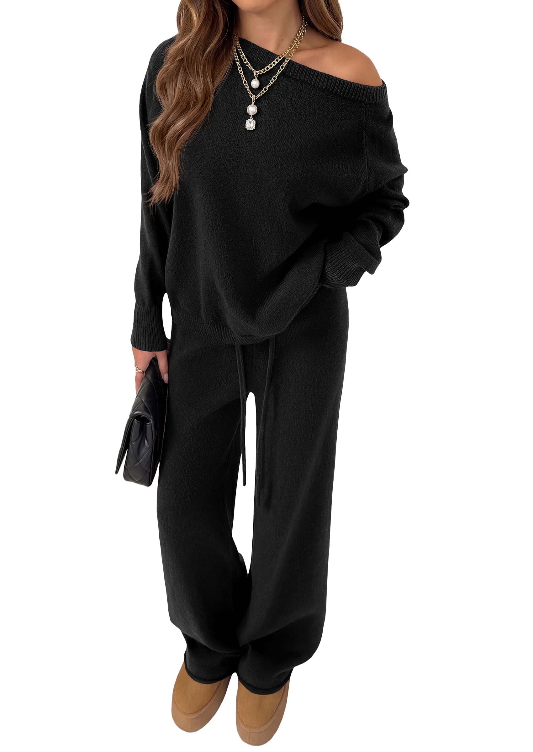 Lounge Sets Womens Sweaters Two Piece Outfits (Black,S)