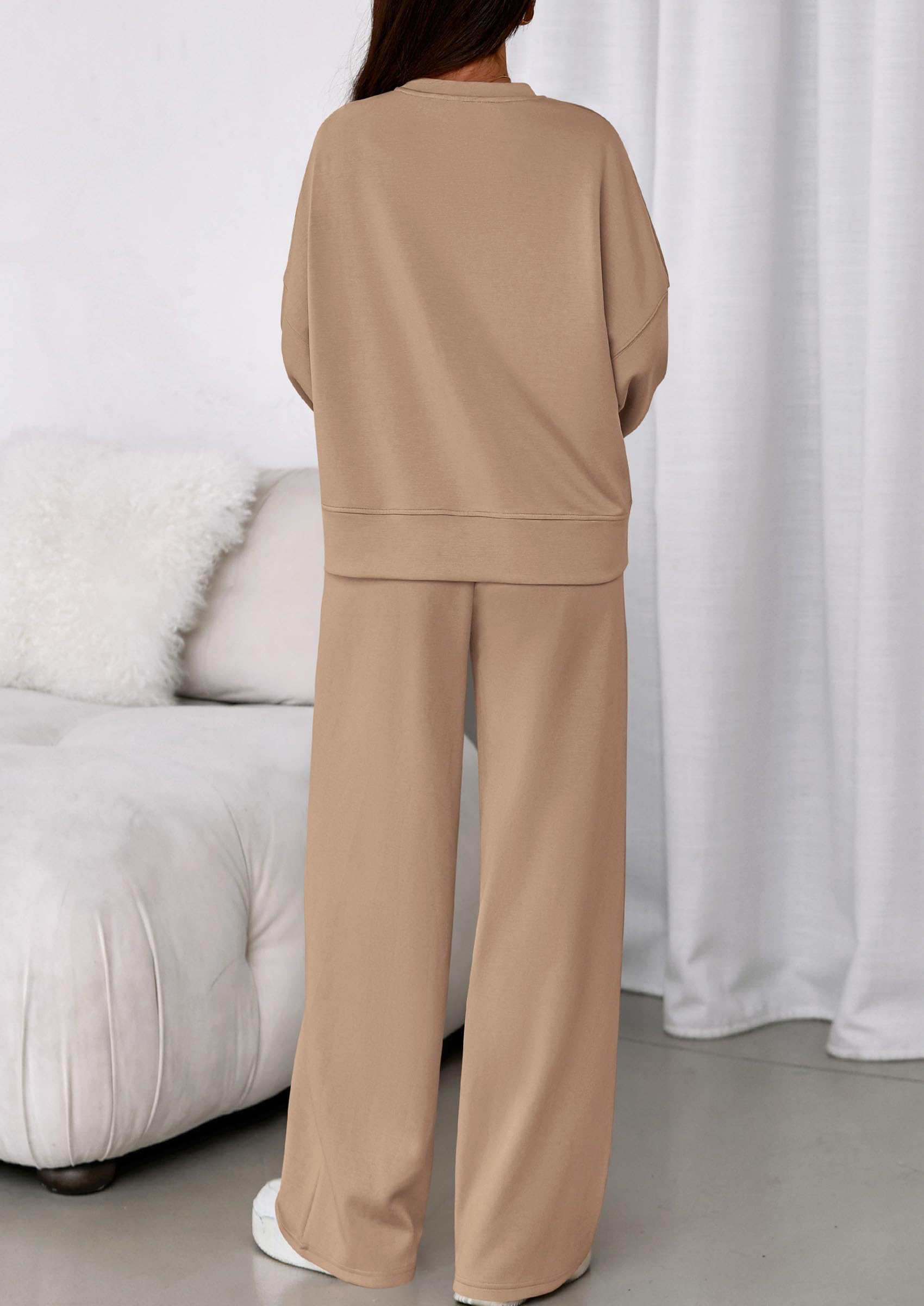 Womens Long Sleeve Sweatshirt 2 Piece Sets,Khaki,S
