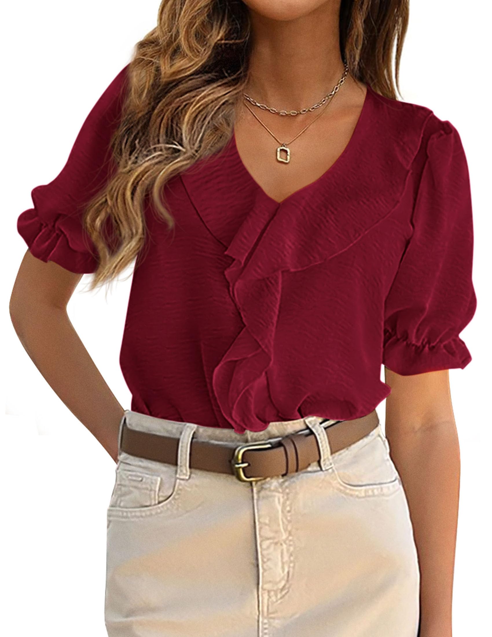 Women's Summer Ruffle Dressy Casual Blouses (Burgundy,S)