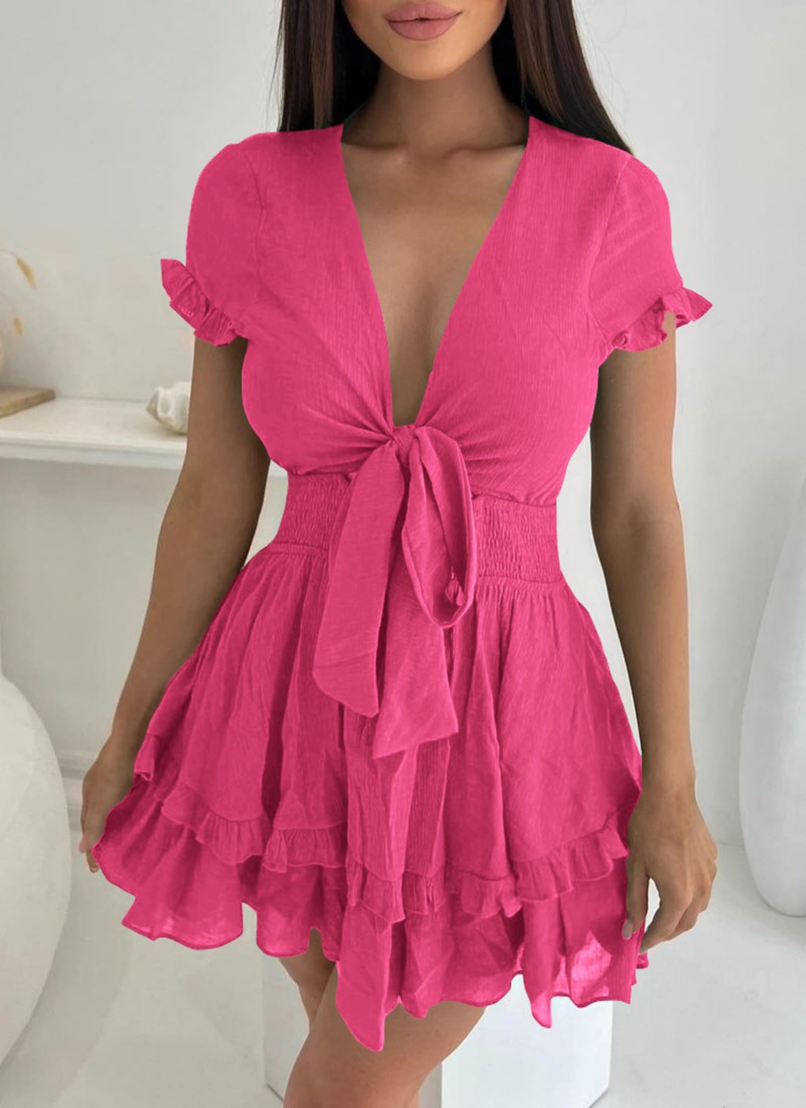 Women's Boho Floral Mini Tiered Bow Dress, Rose Red,S
