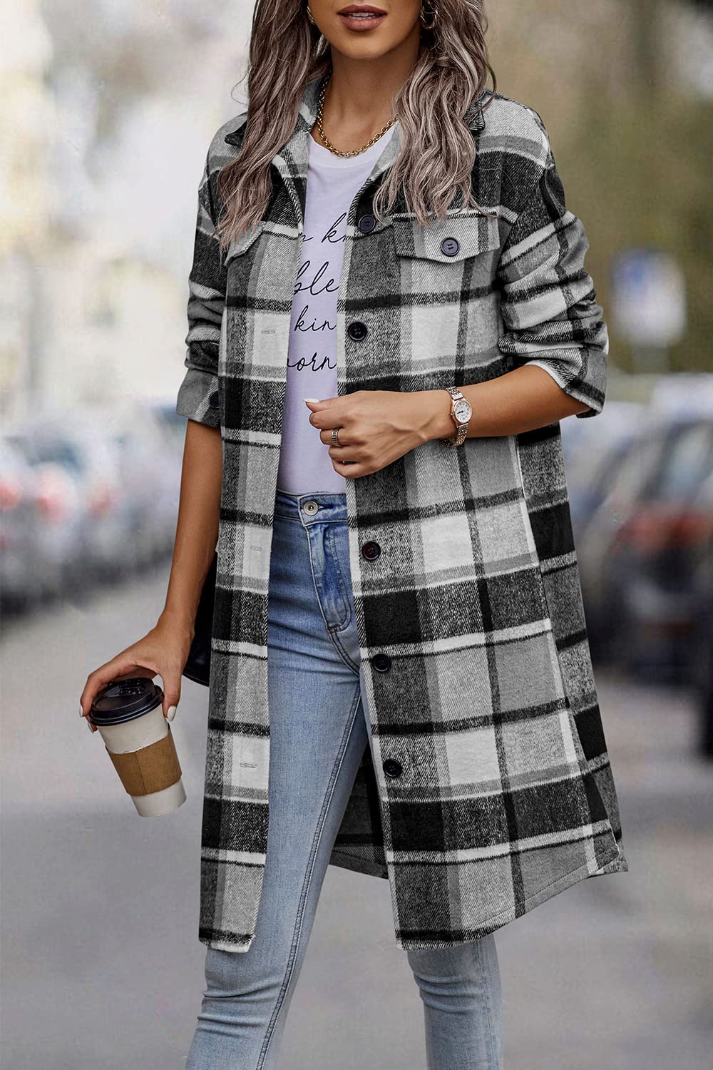 Womens Plaid Shacket Jacket Flannel Shirts,Grey,S