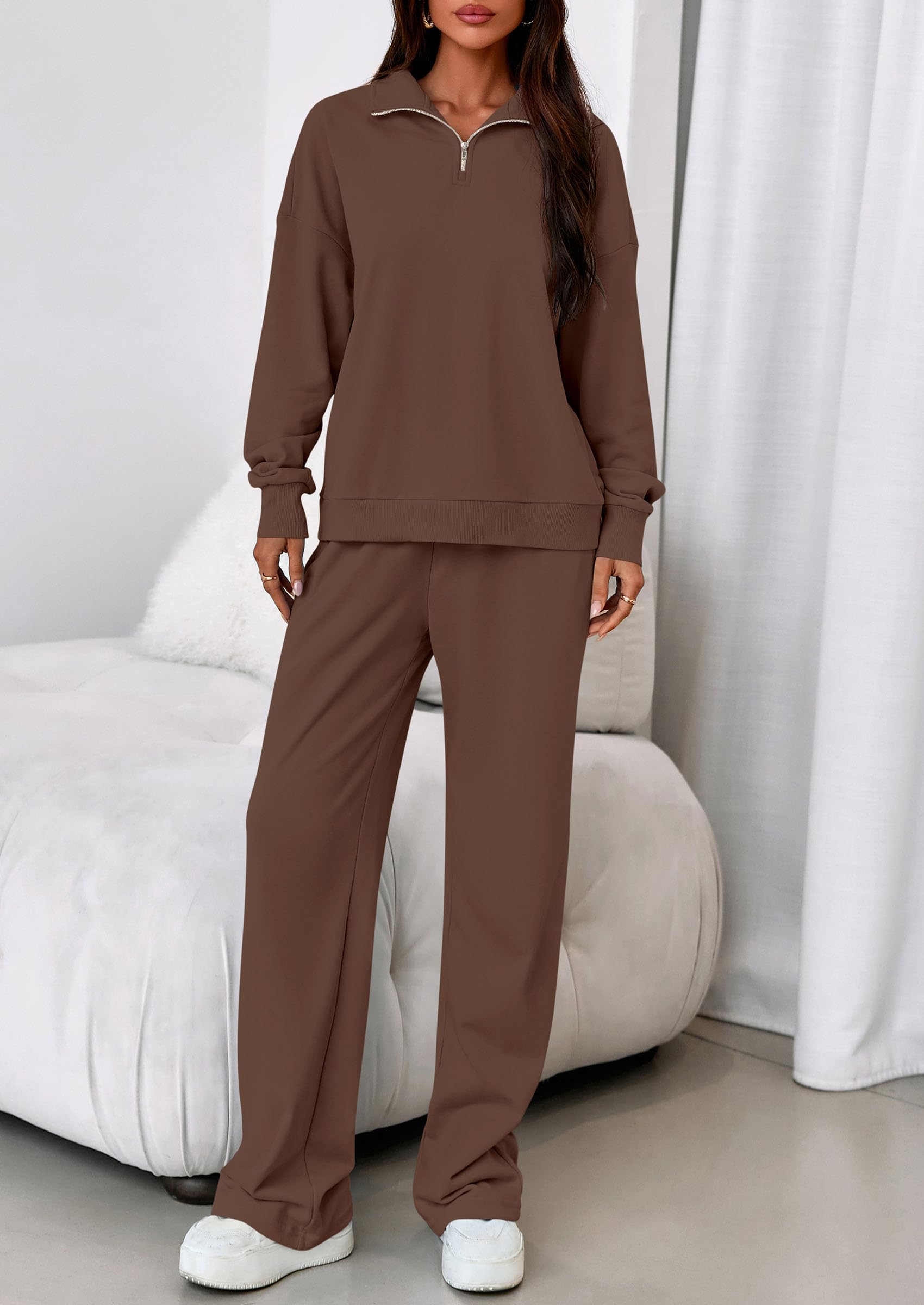 Womens 2 Piece Outfits Matching Lounge Sets,Brown,S