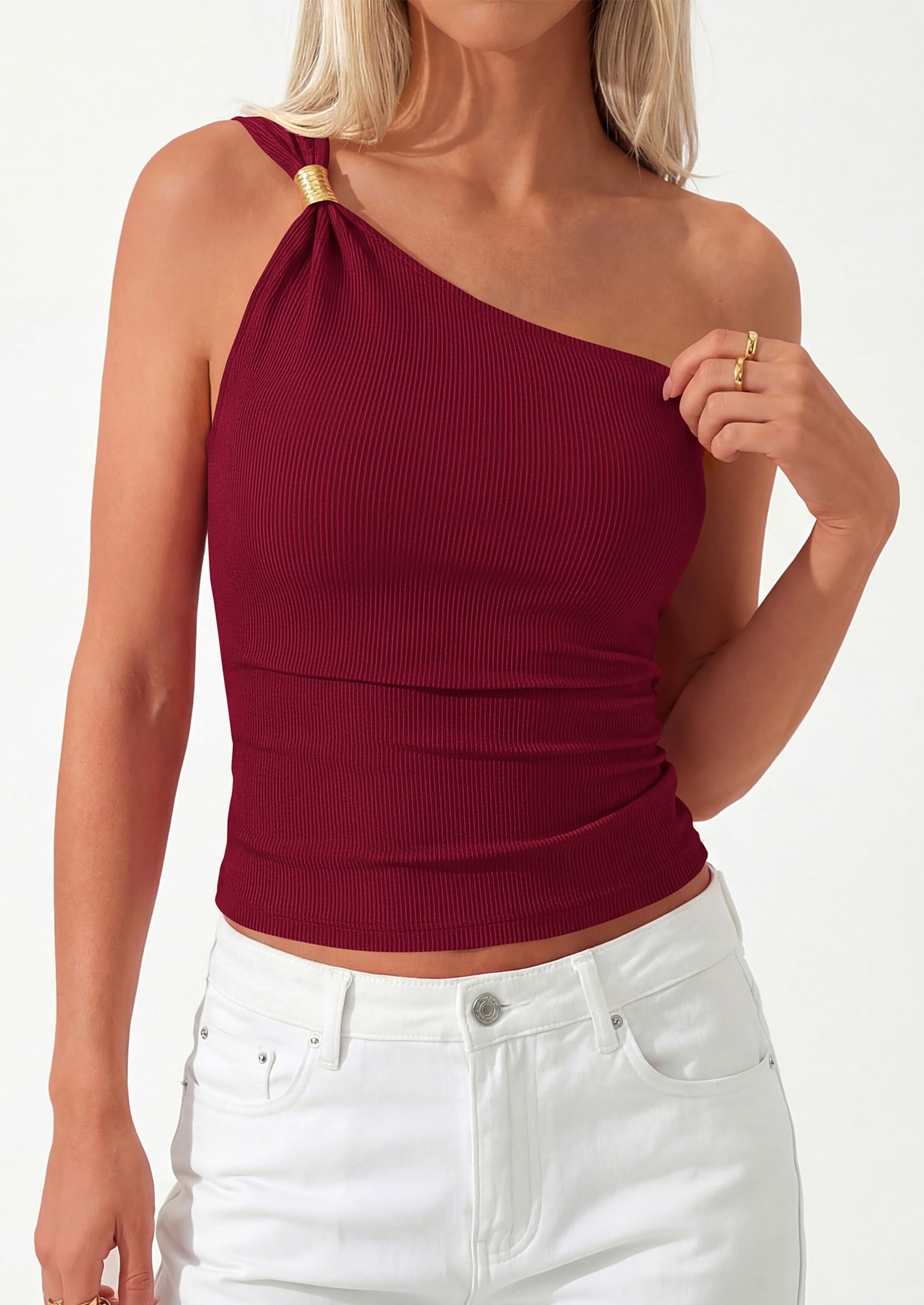 Women's Asymmetrical One Shoulder Y2K Tops, Burgundy,S