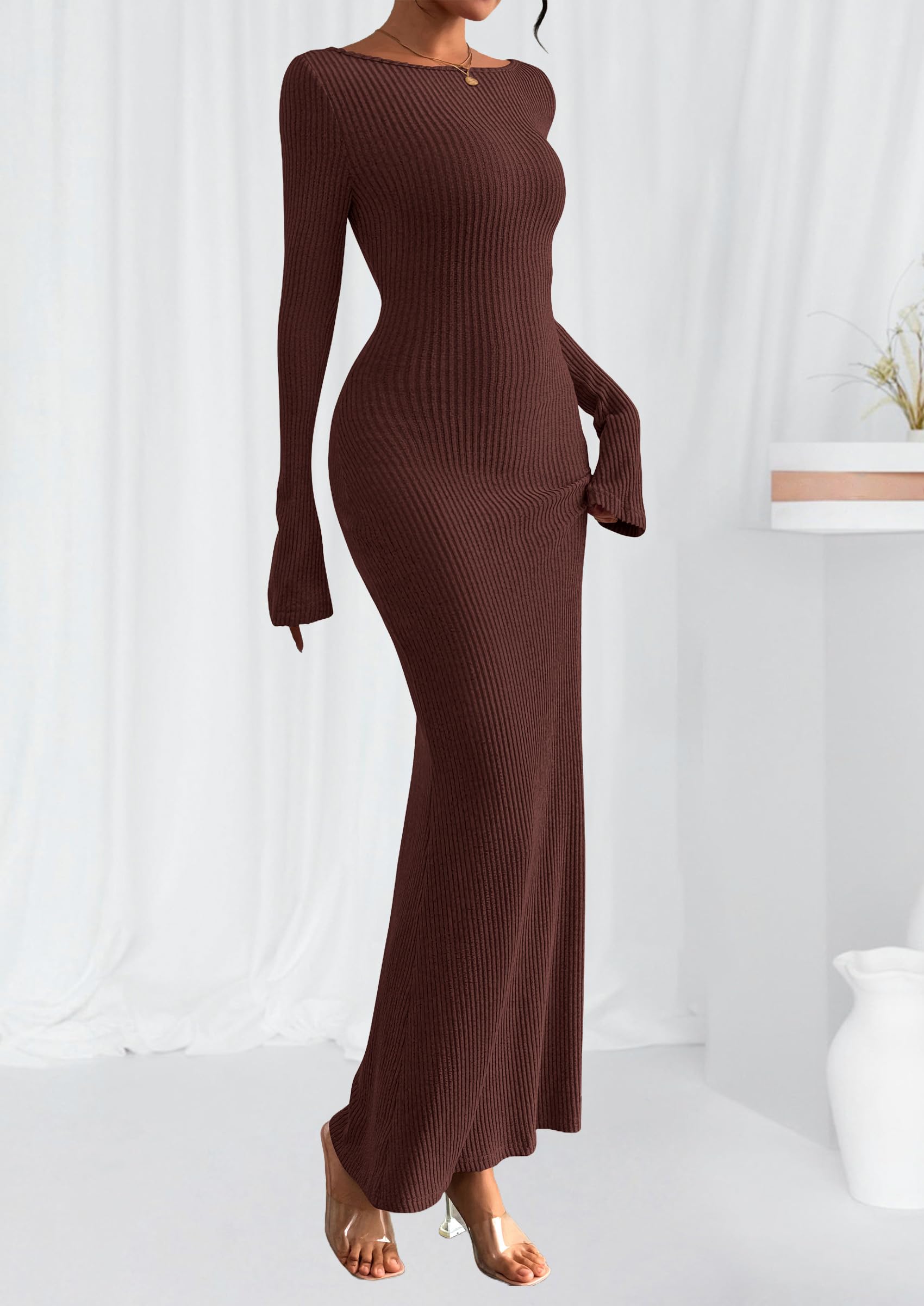 Women's Fall Long Sleeve Bodycon Maxi Dresses (Coffee,XS)