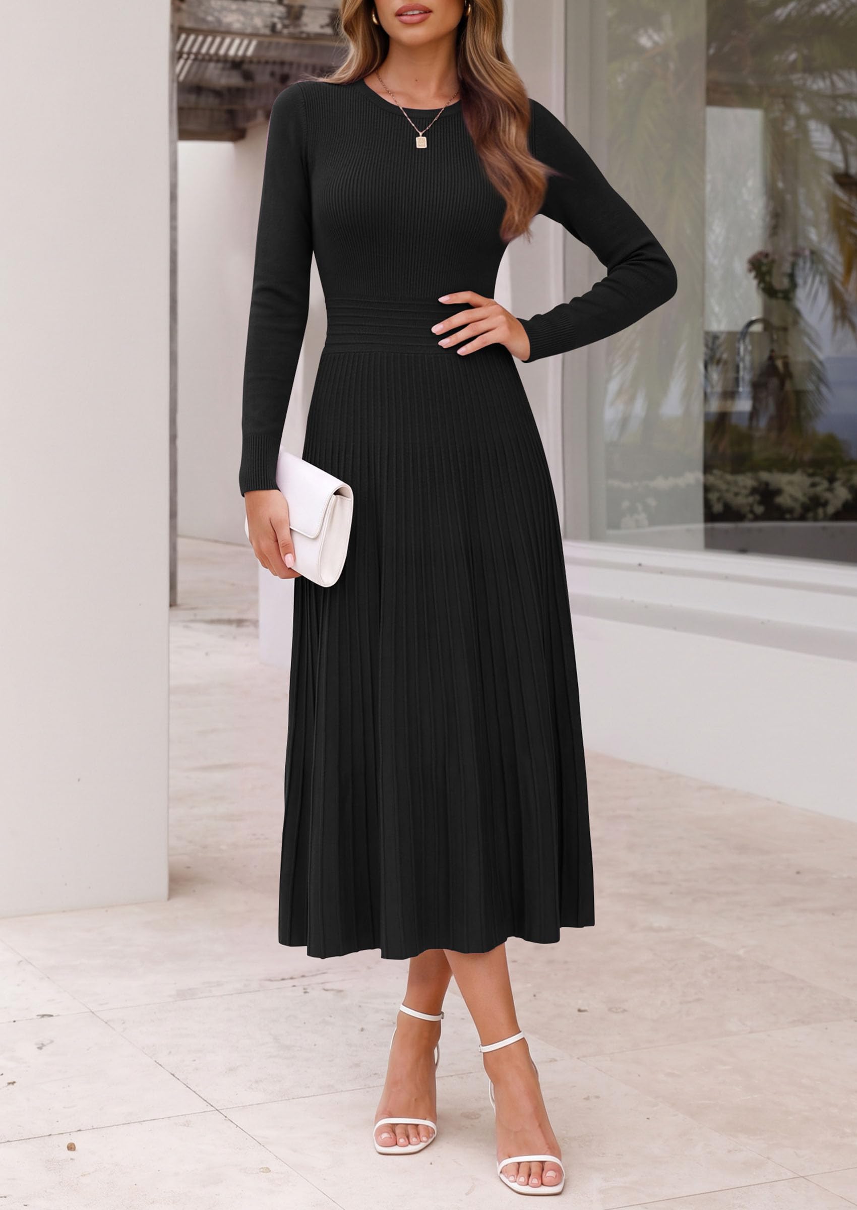 Women's Long Sleeve Knit Maxi Sweater Dress,Black,S