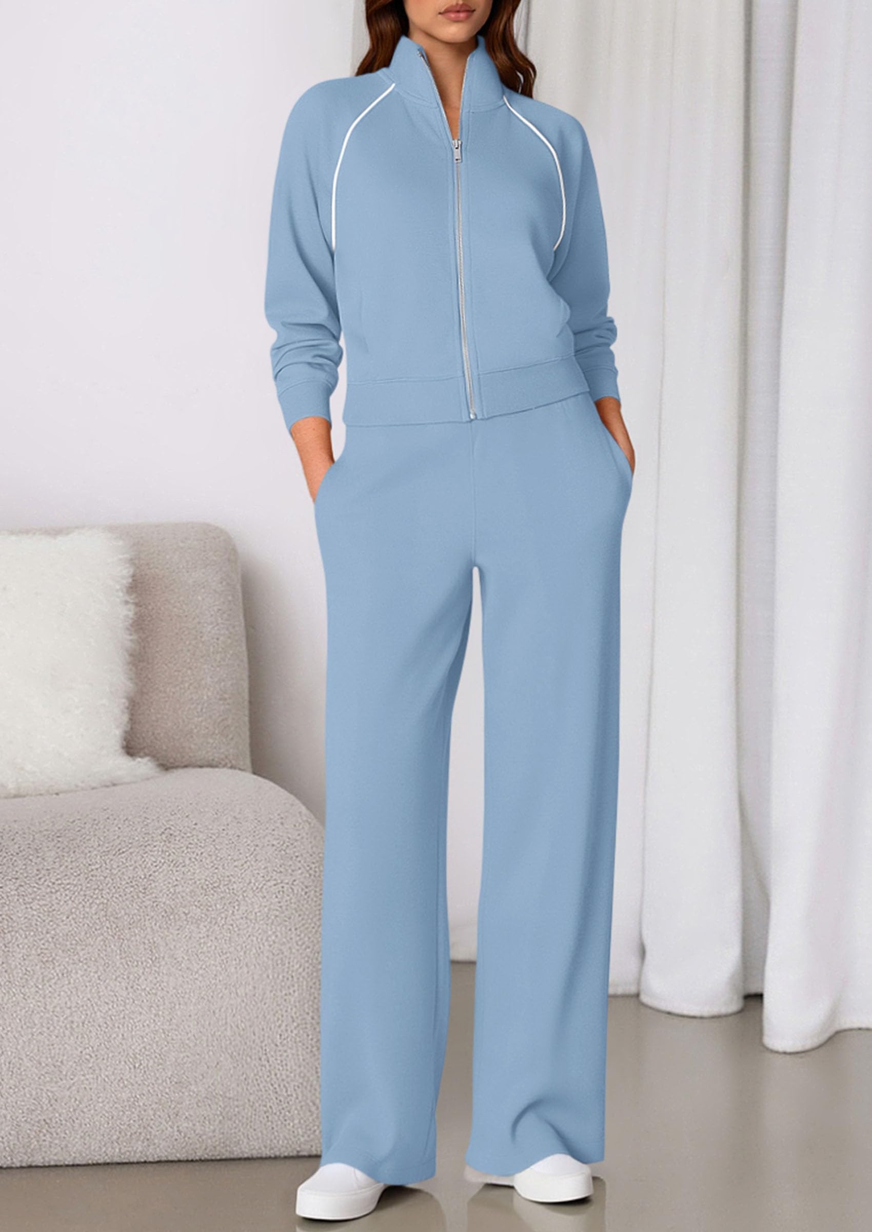 Women's 2 Piece Outfits Sweatsuits Lounge Sets,Light Blue,S