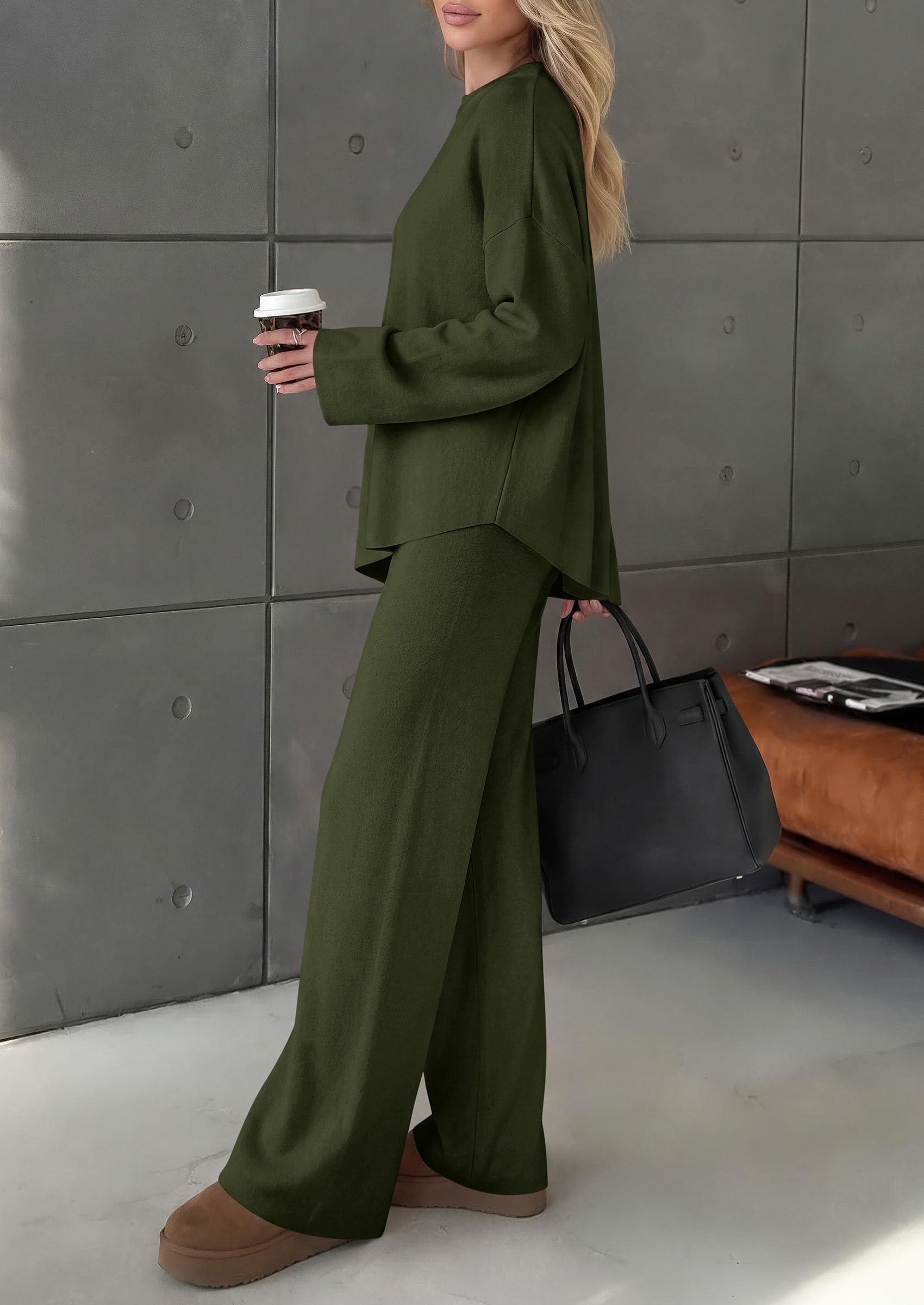 Womens Fall 2 Piece Asymmetric Cozy Sweater Travel Lounge Sets