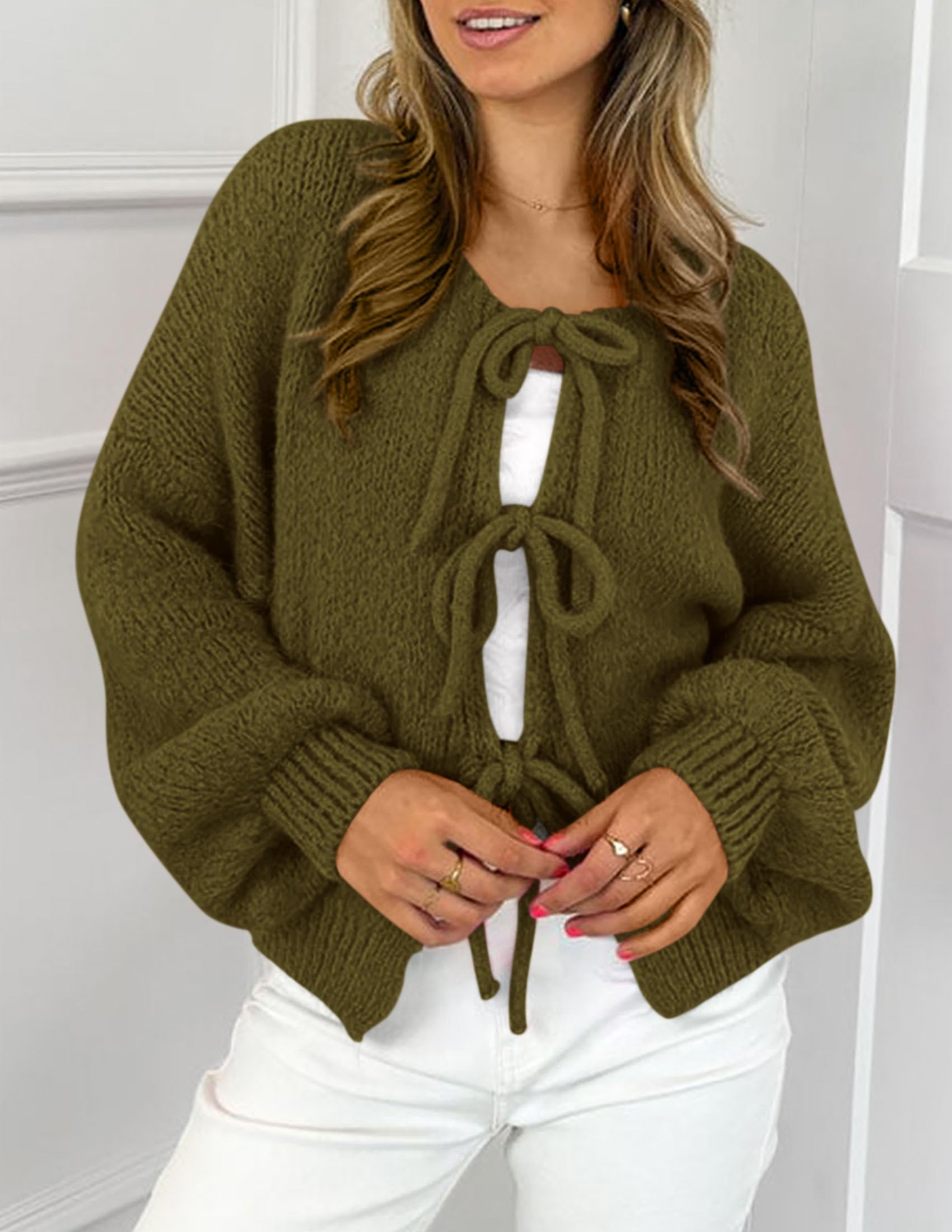 Women's Tie Front Bow Cardigan Sweaters(Army Green,Small)