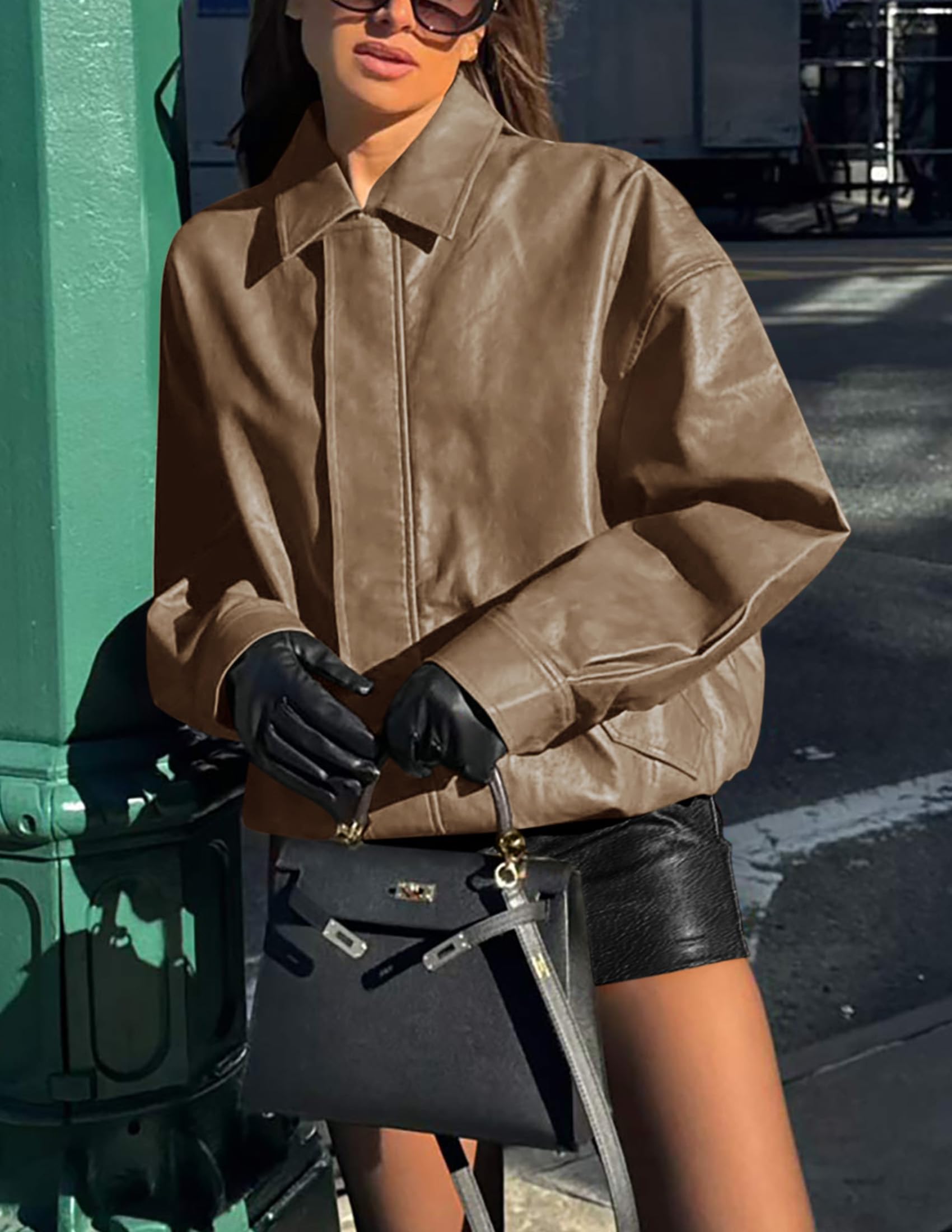 Women's Faux Leather Motorcycle Jackets(Khaki,X-Small)