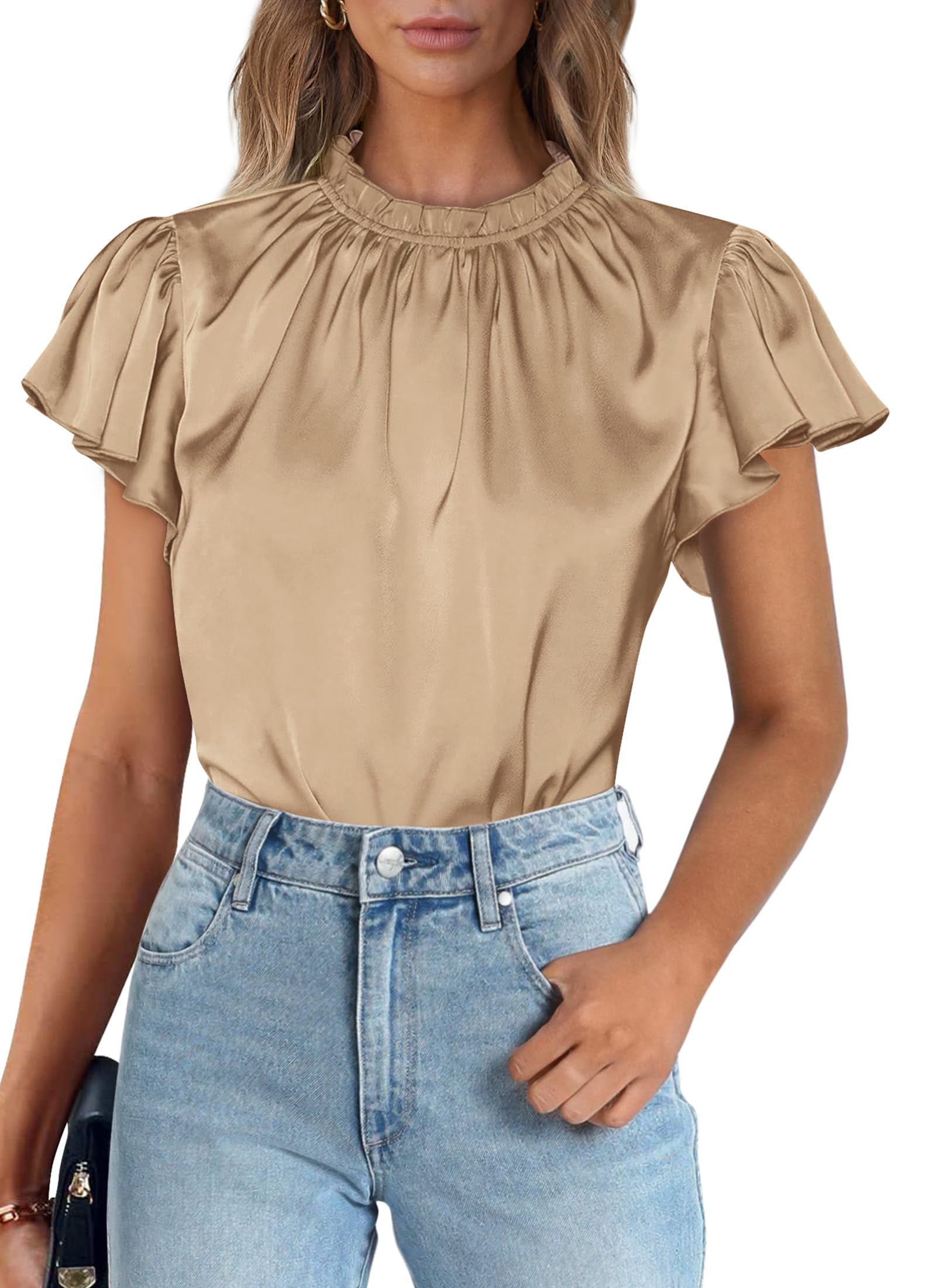 Women's Satin Tops Business Casual Work Blouses, Khaki,S