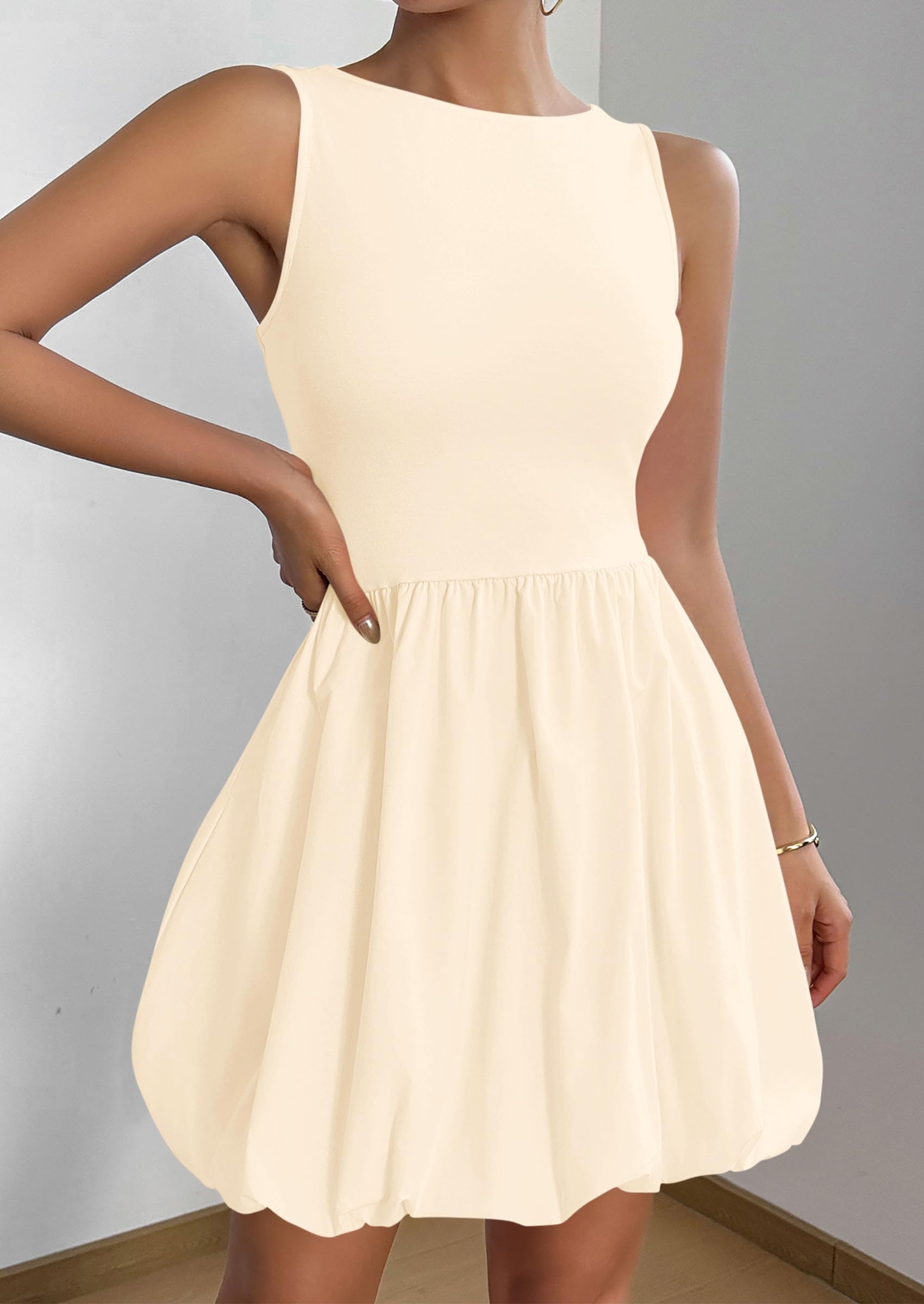 Womens Summer Bubble Sleeveless Mini Dress,Beige,S