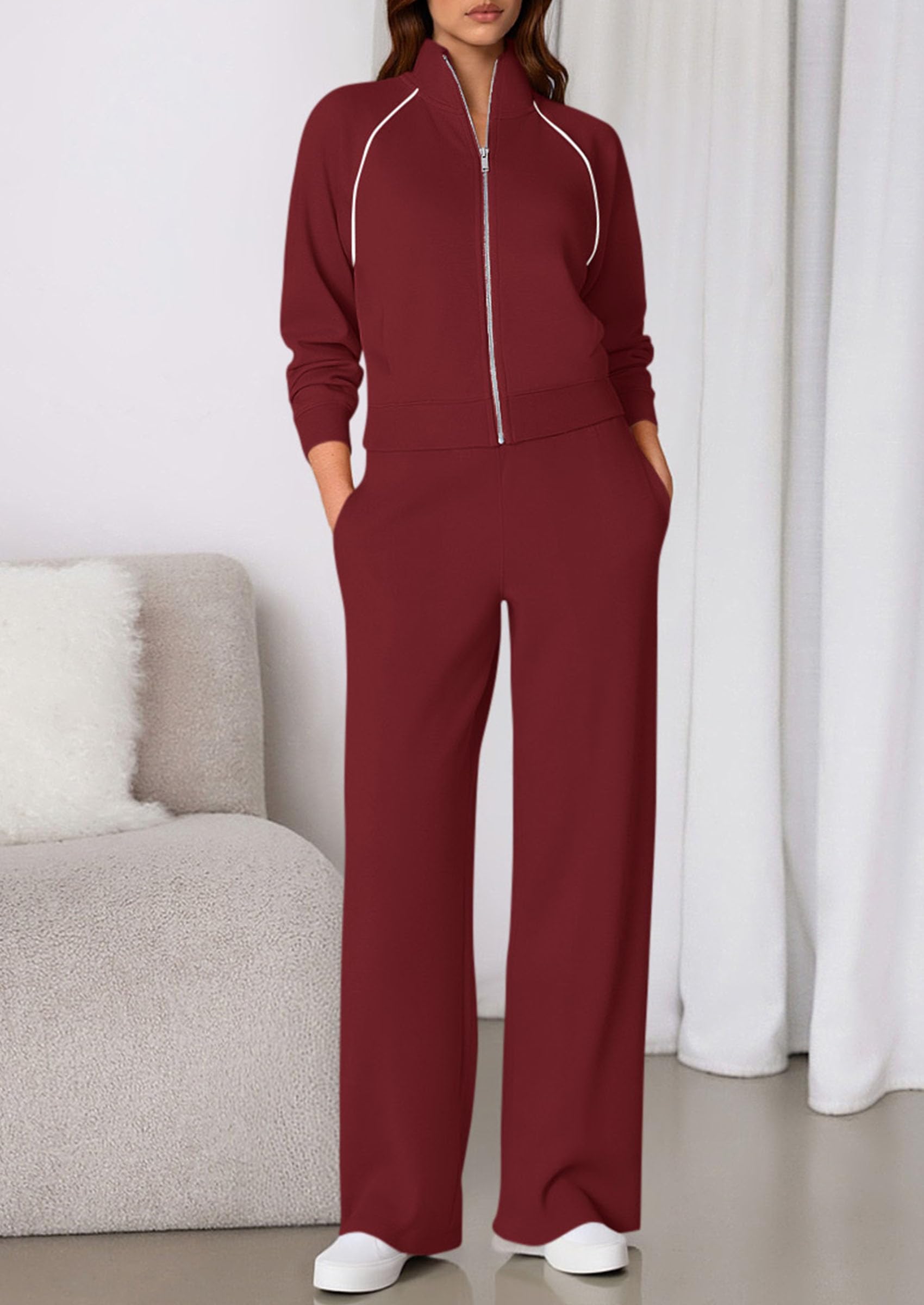 Women's 2 Piece Outfits Sweatsuits Lounge Sets,Burgundy,S