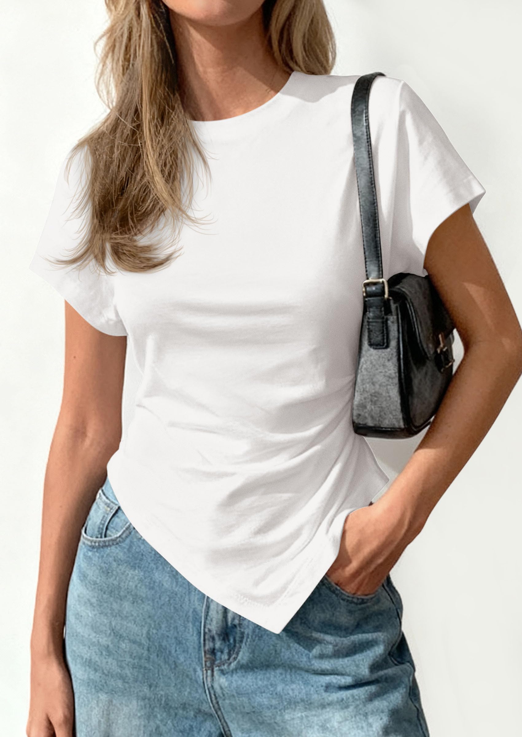 Womens Asymmetrical Summer Short Sleeve Tops,White,S