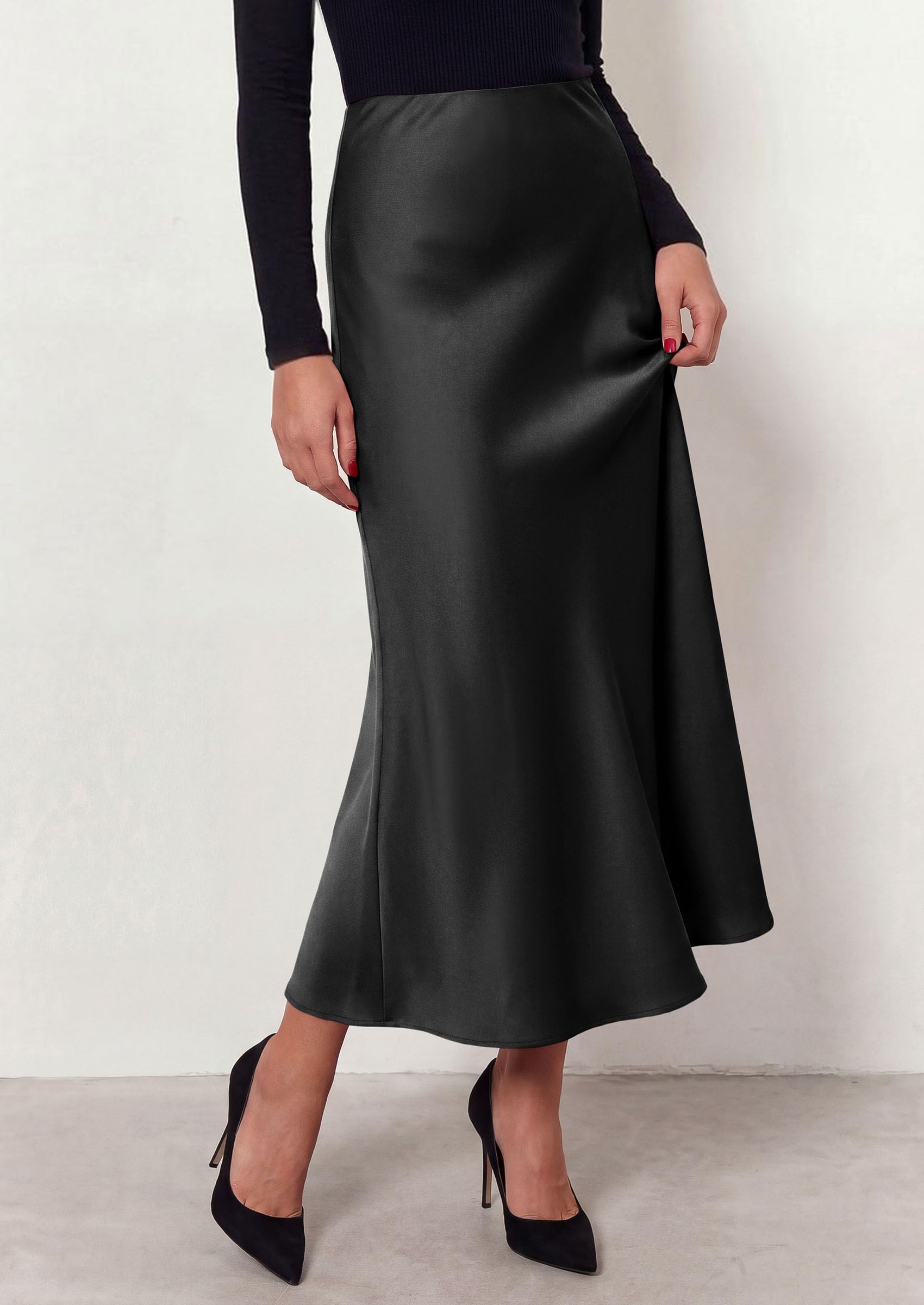 Women's Silk Satin Maxi Skirts Fall Clothes (Black,S)