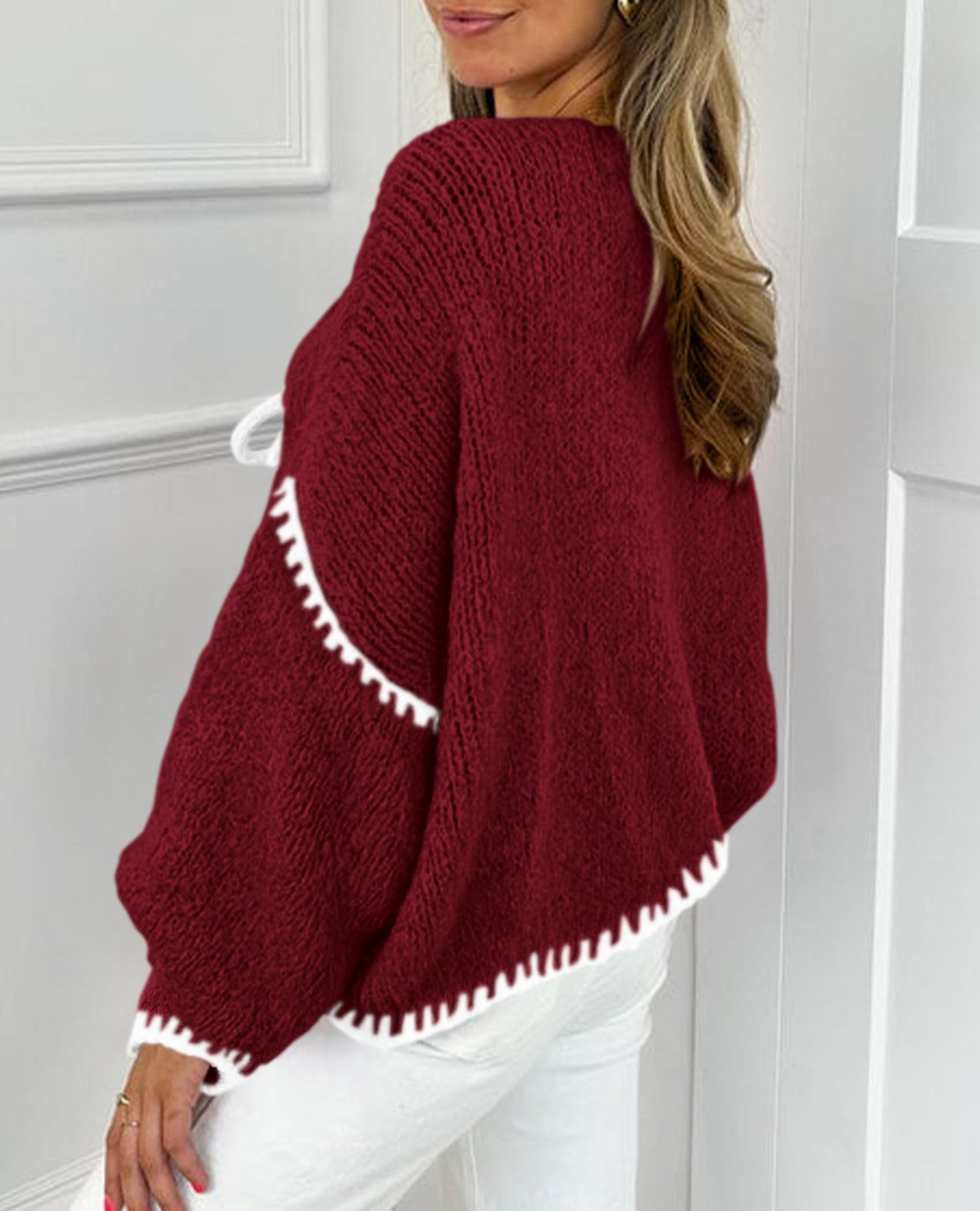 Women's Tie Front Bow Cardigan Sweaters(Wine Red White,Small)