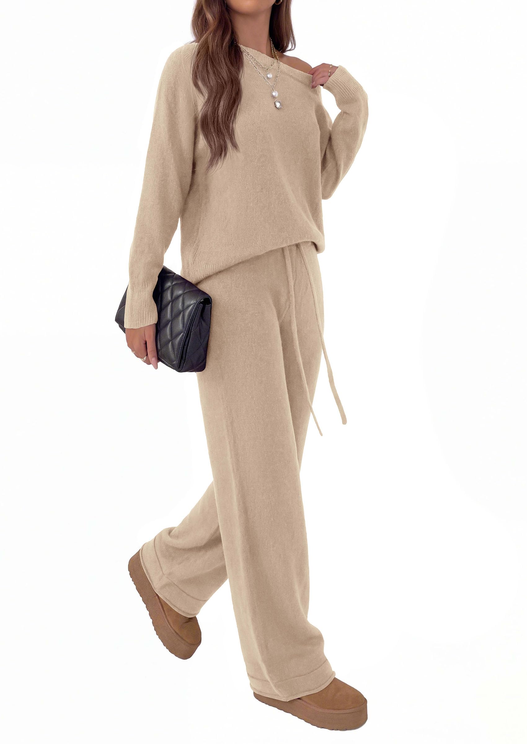 Lounge Sets Womens Sweaters Two Piece Outfits (Khaki,L)