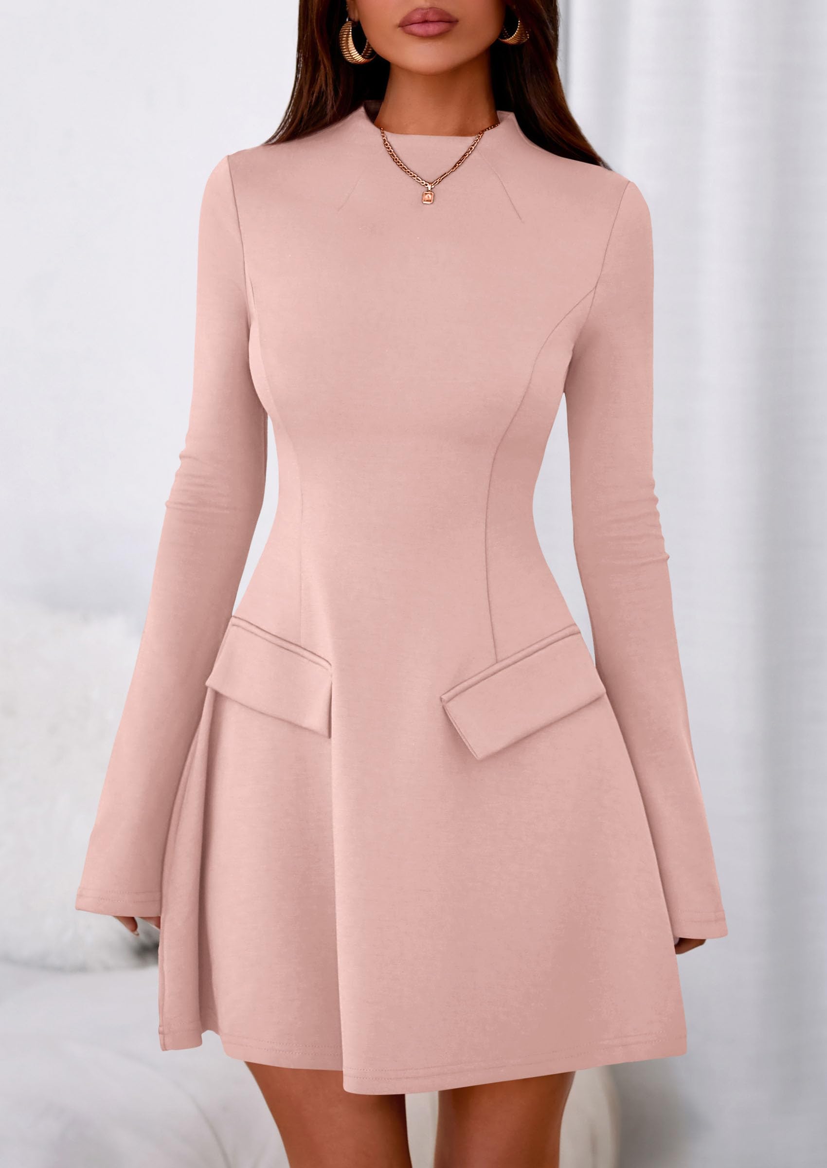 Women's Fall Bell Sleeve Short Dress,Light Pink,XS