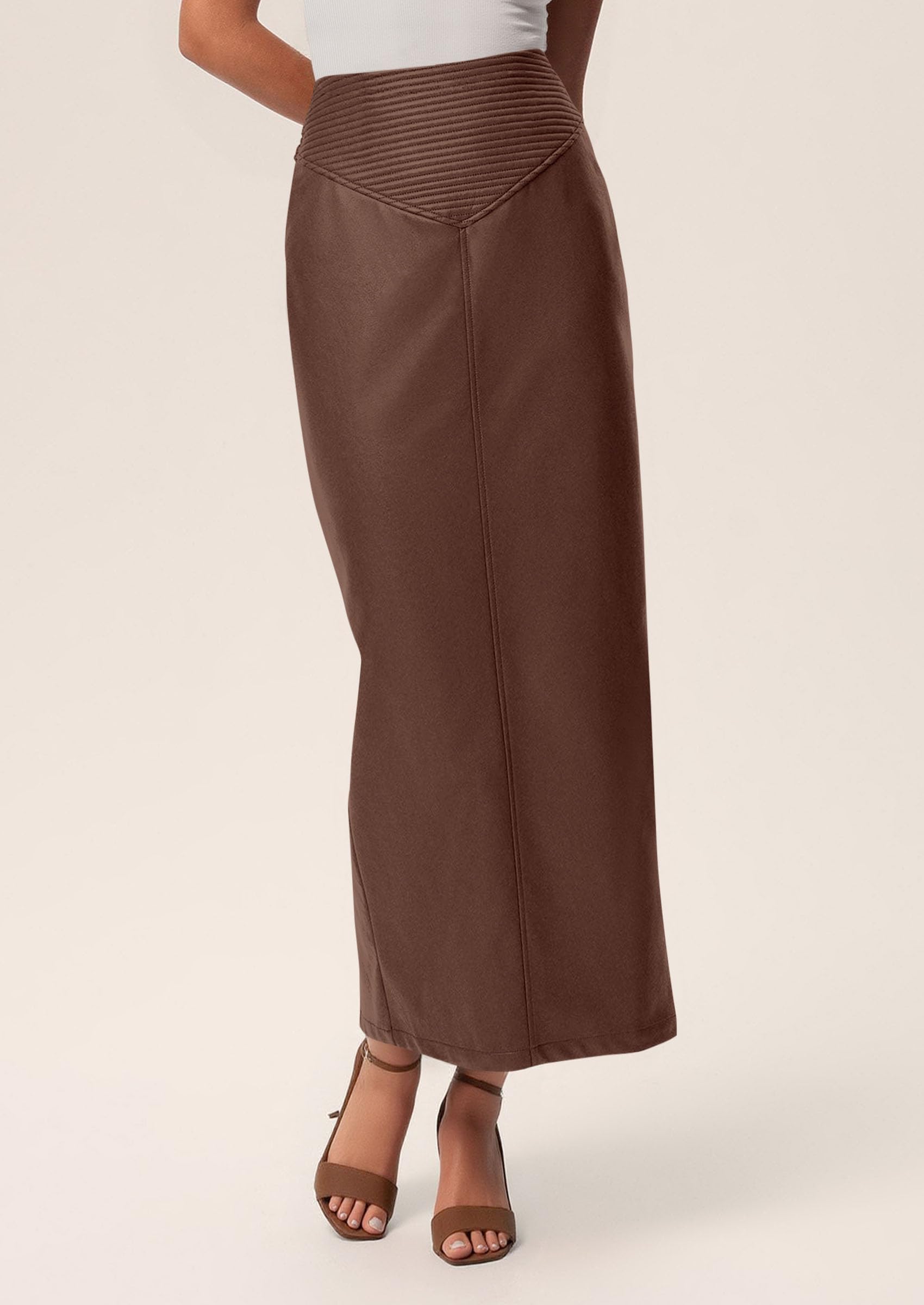 Women's Faux Leather High Waisted Maxi Skirts,Brown,XS