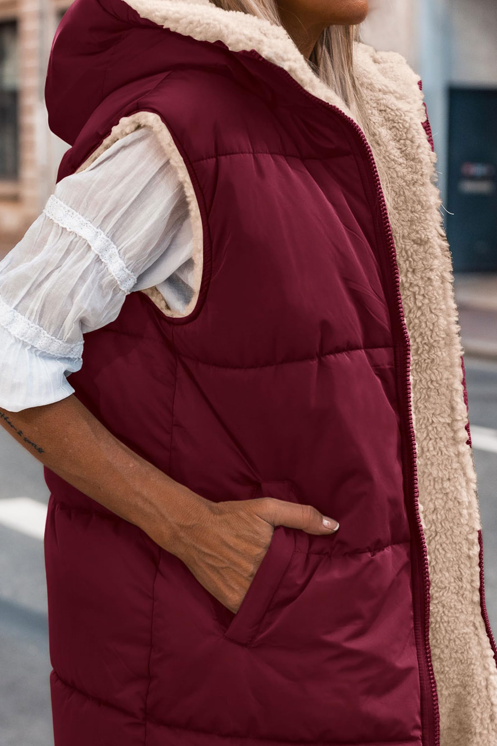 Women's Winter Reversible Fleece Long Vests(Wine Red,S)