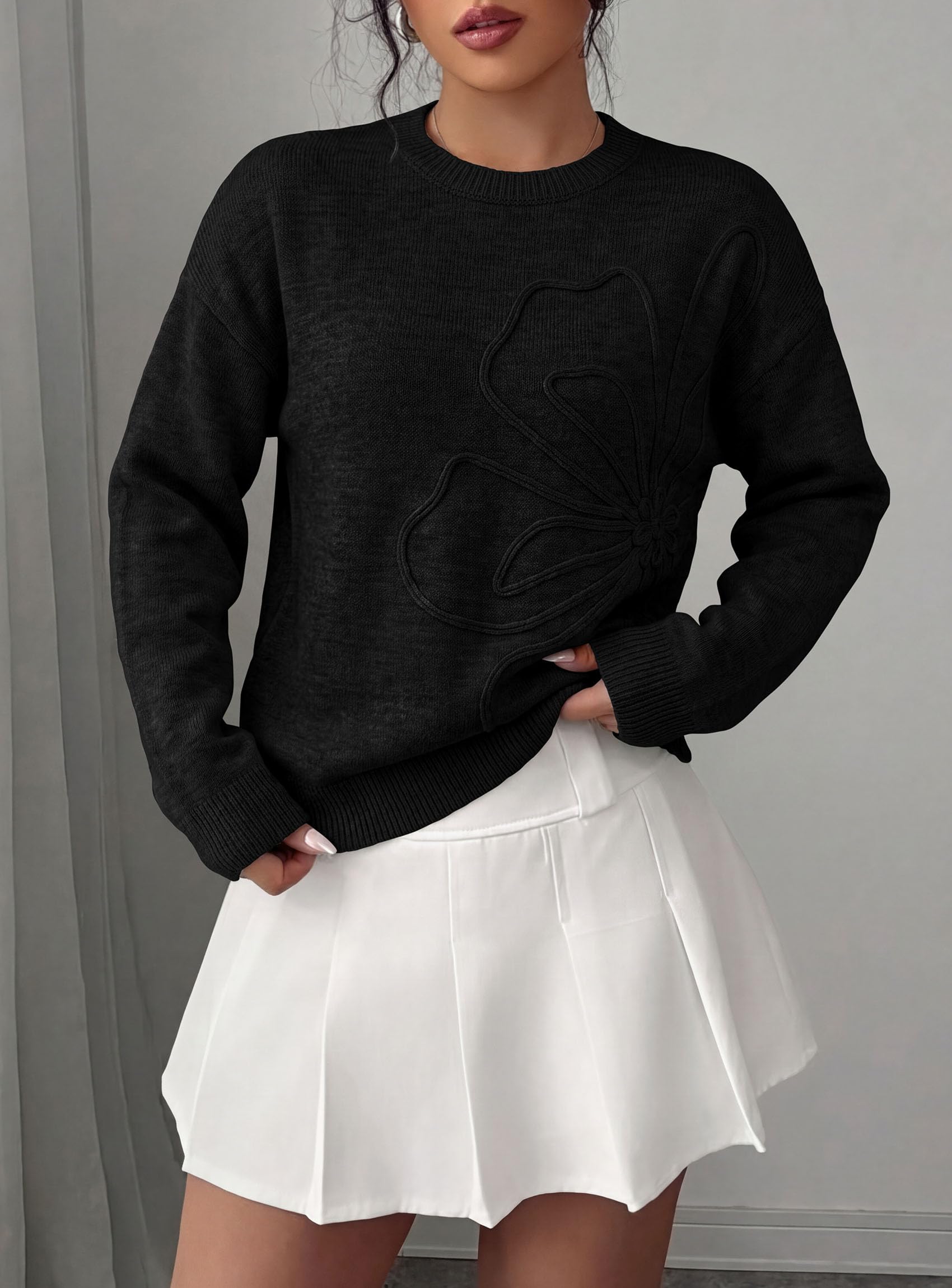 Sweaters for Women Fall Fashion Embroidered Floral Knit Tops