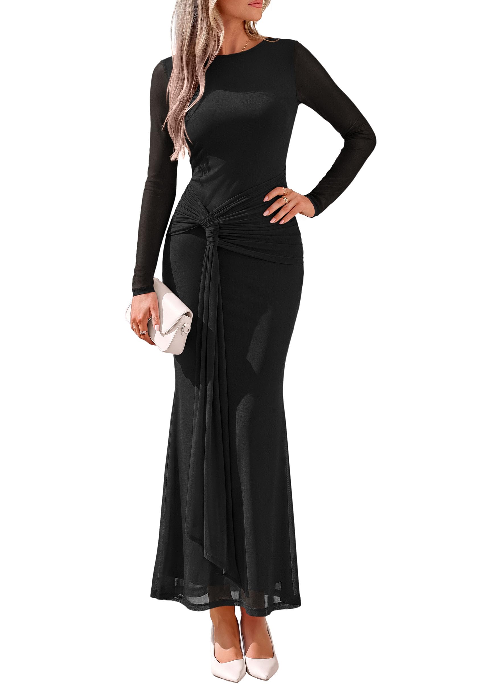 Womens Fall Long Sleeve Bodycon Tie Waist Mesh Maxi Dresses