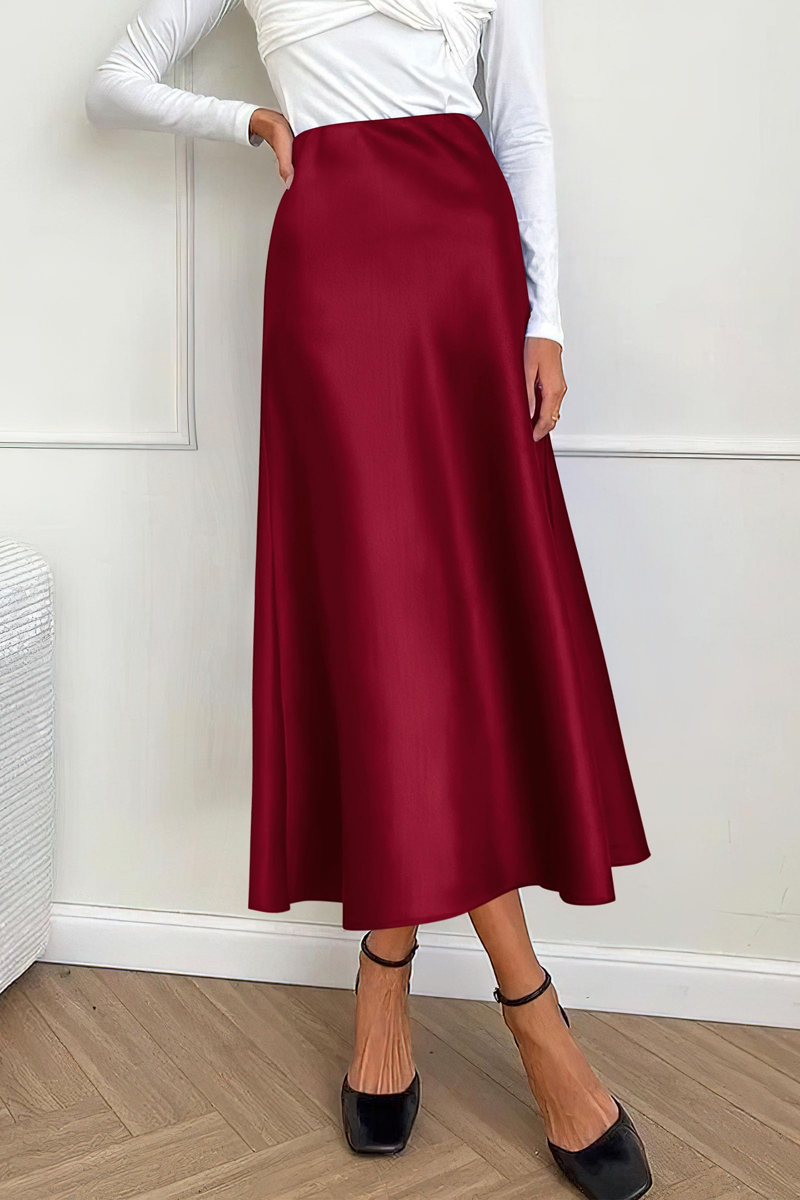 Women's Satin Midi Skirts Dressy Casual,Wine Red,S