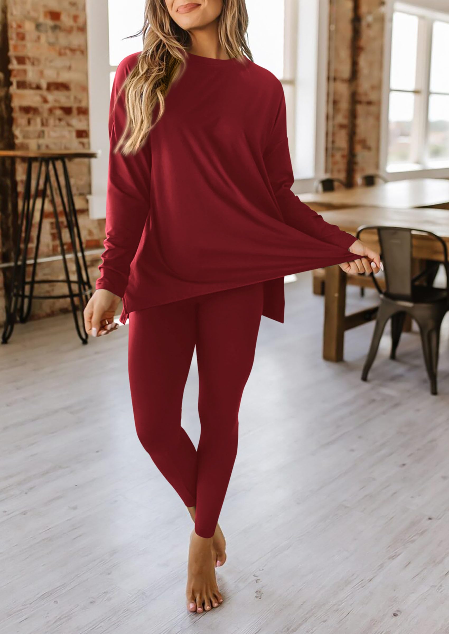 Women's 2 Piece Outfits Matching Lounge Sets,Wine Red,S