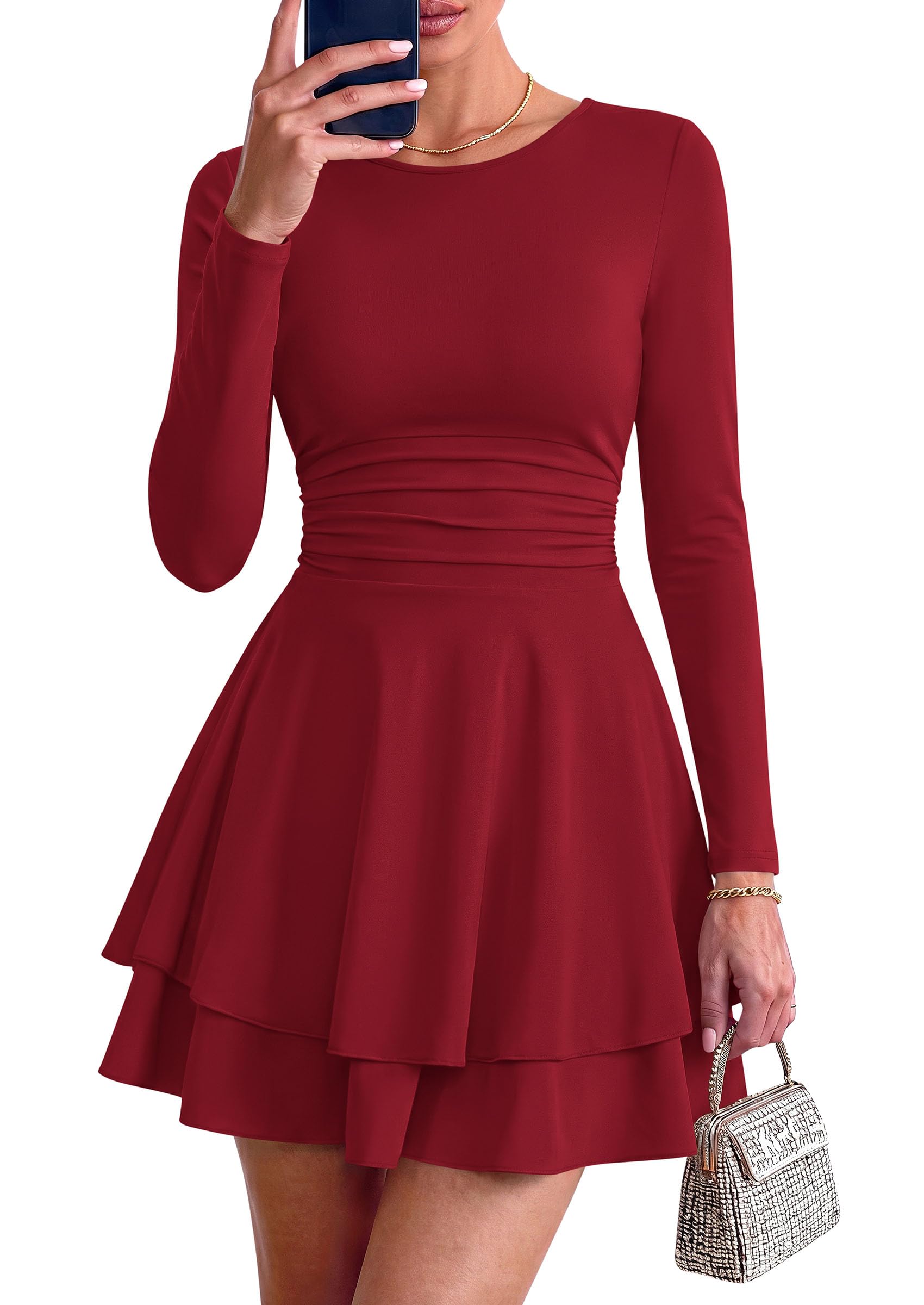 Womens Fit and Flare Crewneck Long Sleeve Mini Dress Wine Red