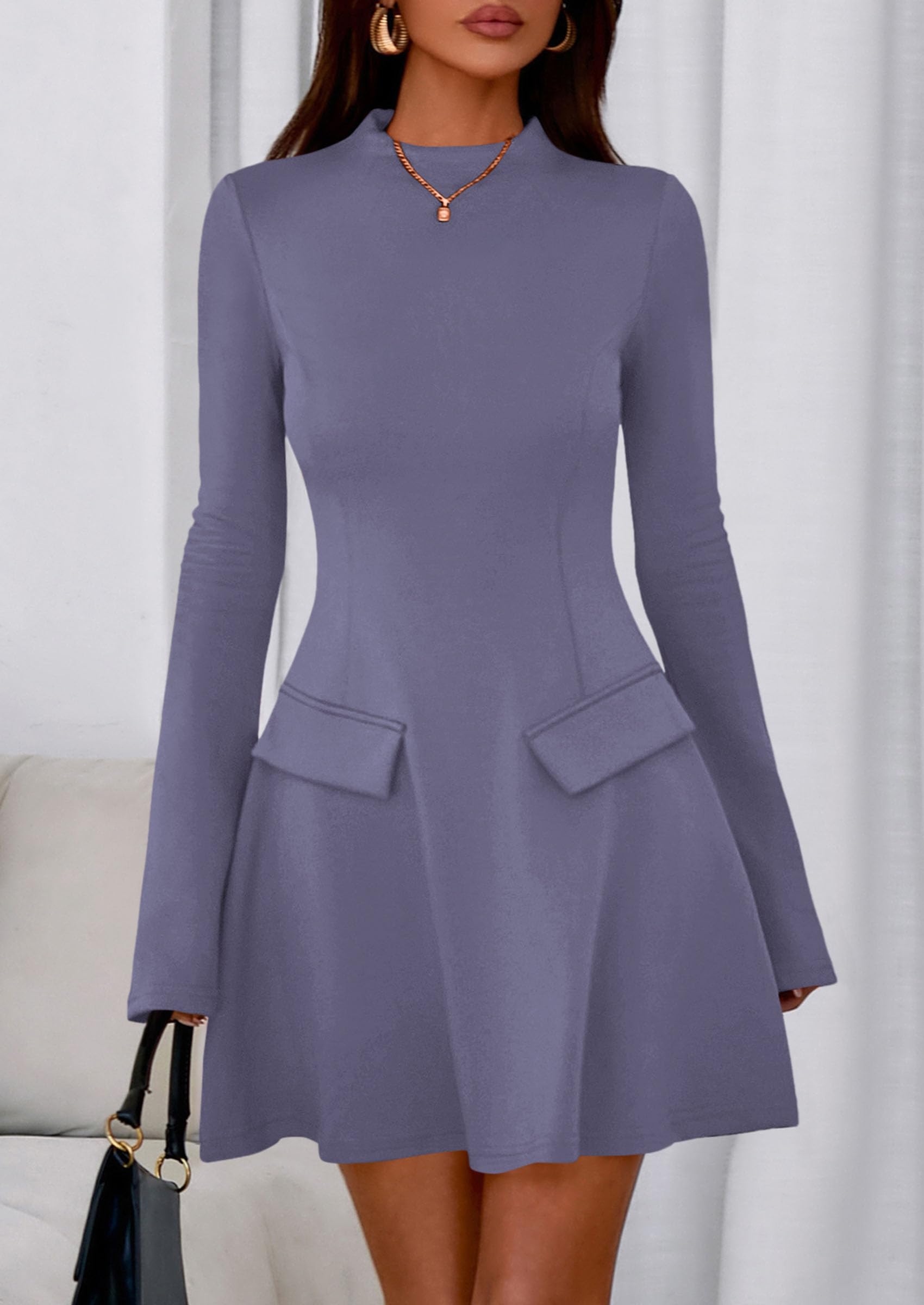 Women's Fall Bell Sleeve Short Dress,Grey Blue,XS