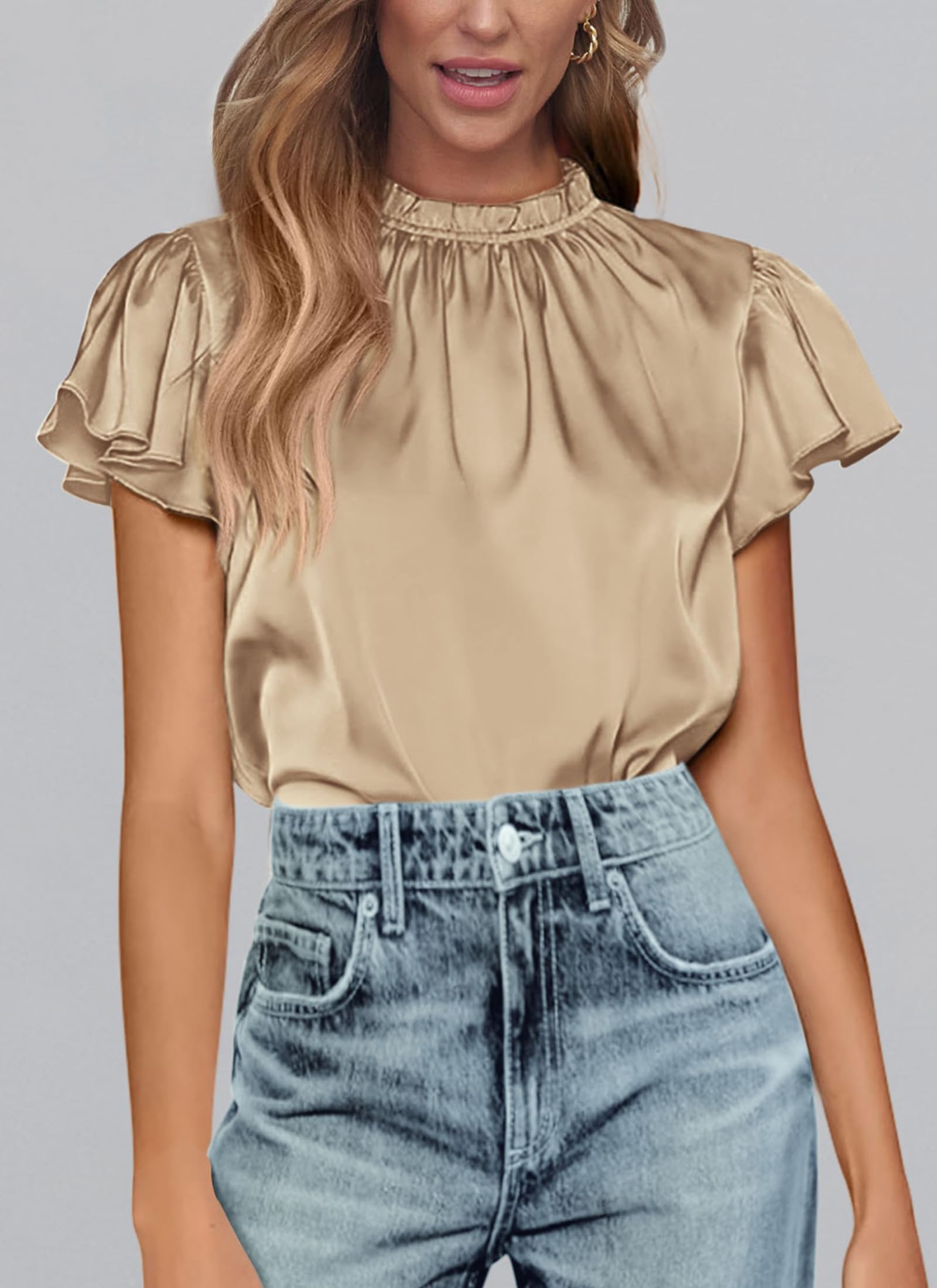 Women's Satin Tops Business Casual Work Blouses, Khaki,S