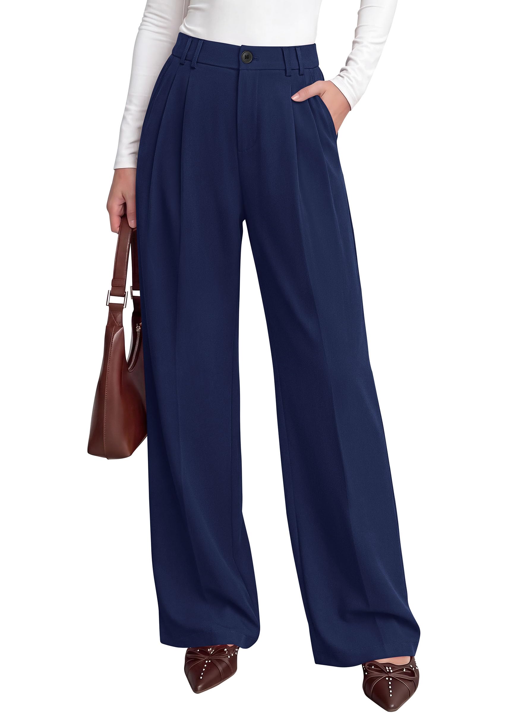 Women's Dress Pants Wide Leg Flowy Trousers,Navy Blue,S