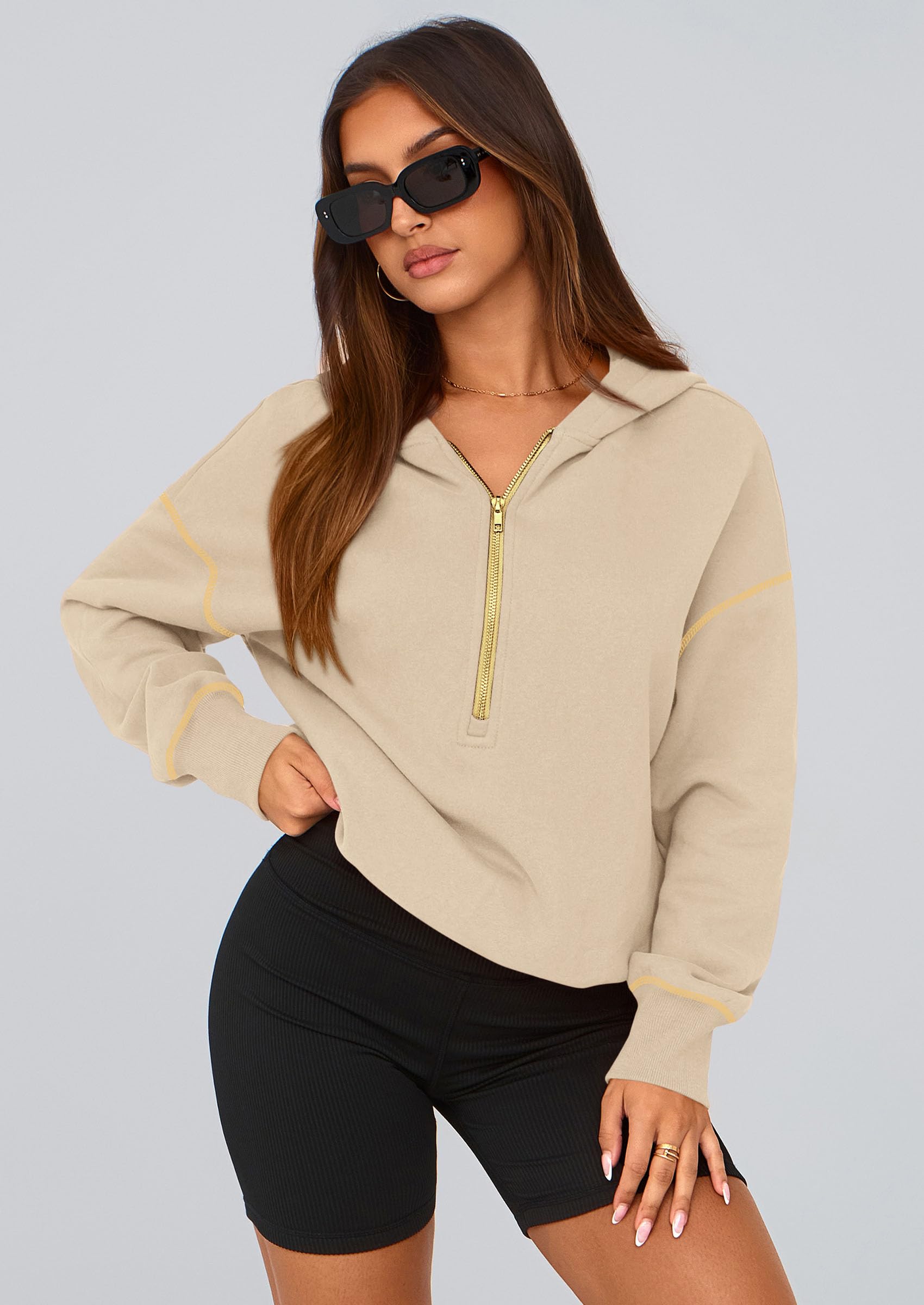 Women's Fall Half Zip Cropped Hoodie Sweatshirt Beige