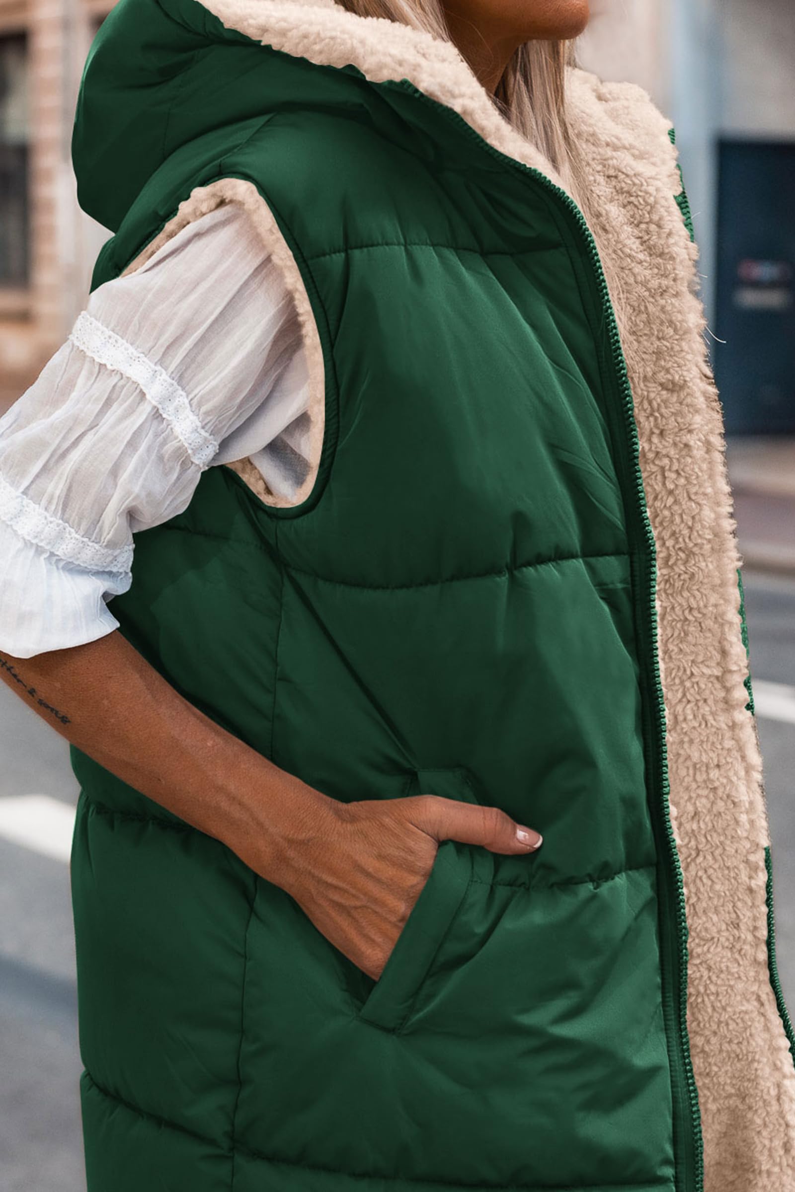 Women's Winter Reversible Fleece Long Vests(Dark Green,M)