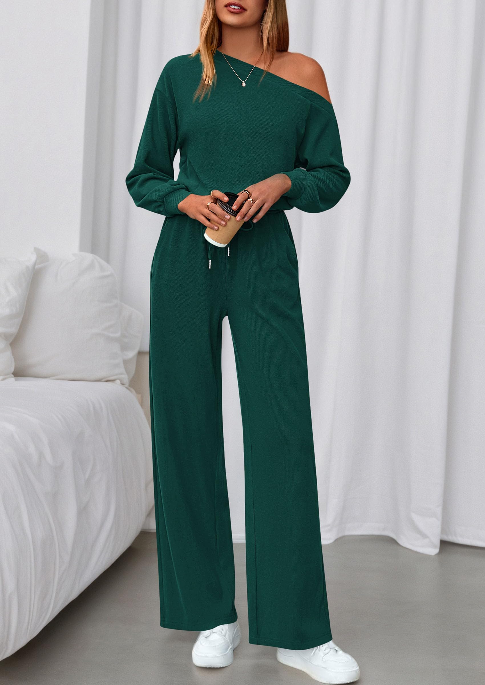 Womens Off Shoulder Long Sleeve Jumpsuit,Dark Green,S