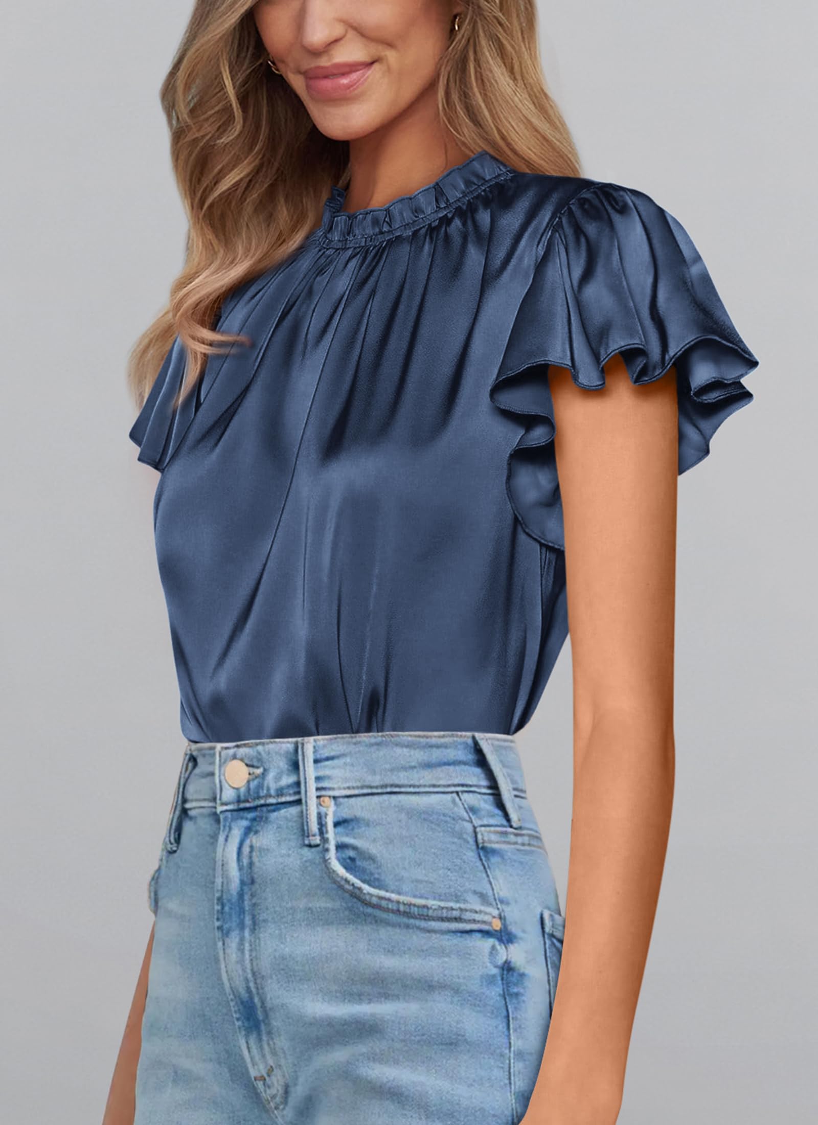 Women's Satin Tops Business Casual Work Blouses, Grey Blue,M