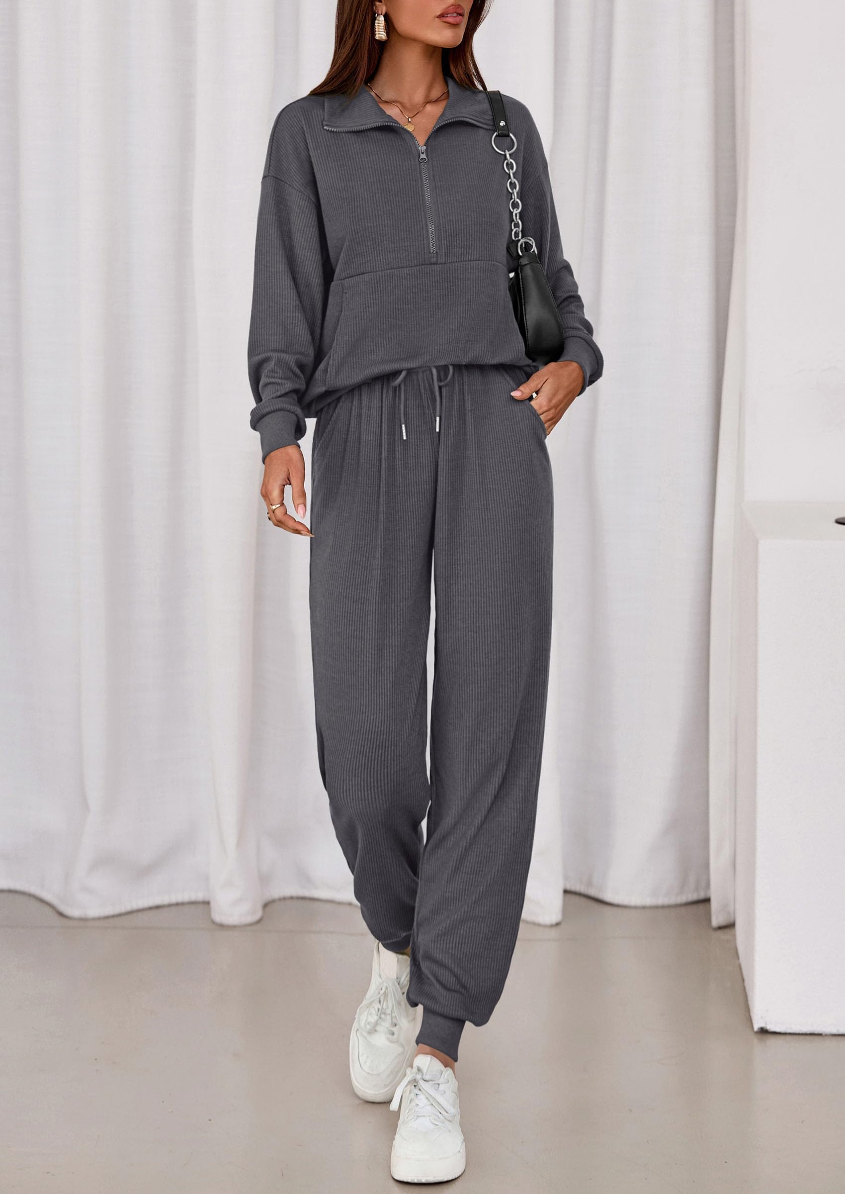 Airport Travel Outfit Women Ribbed Knit Matching Lounge Sets