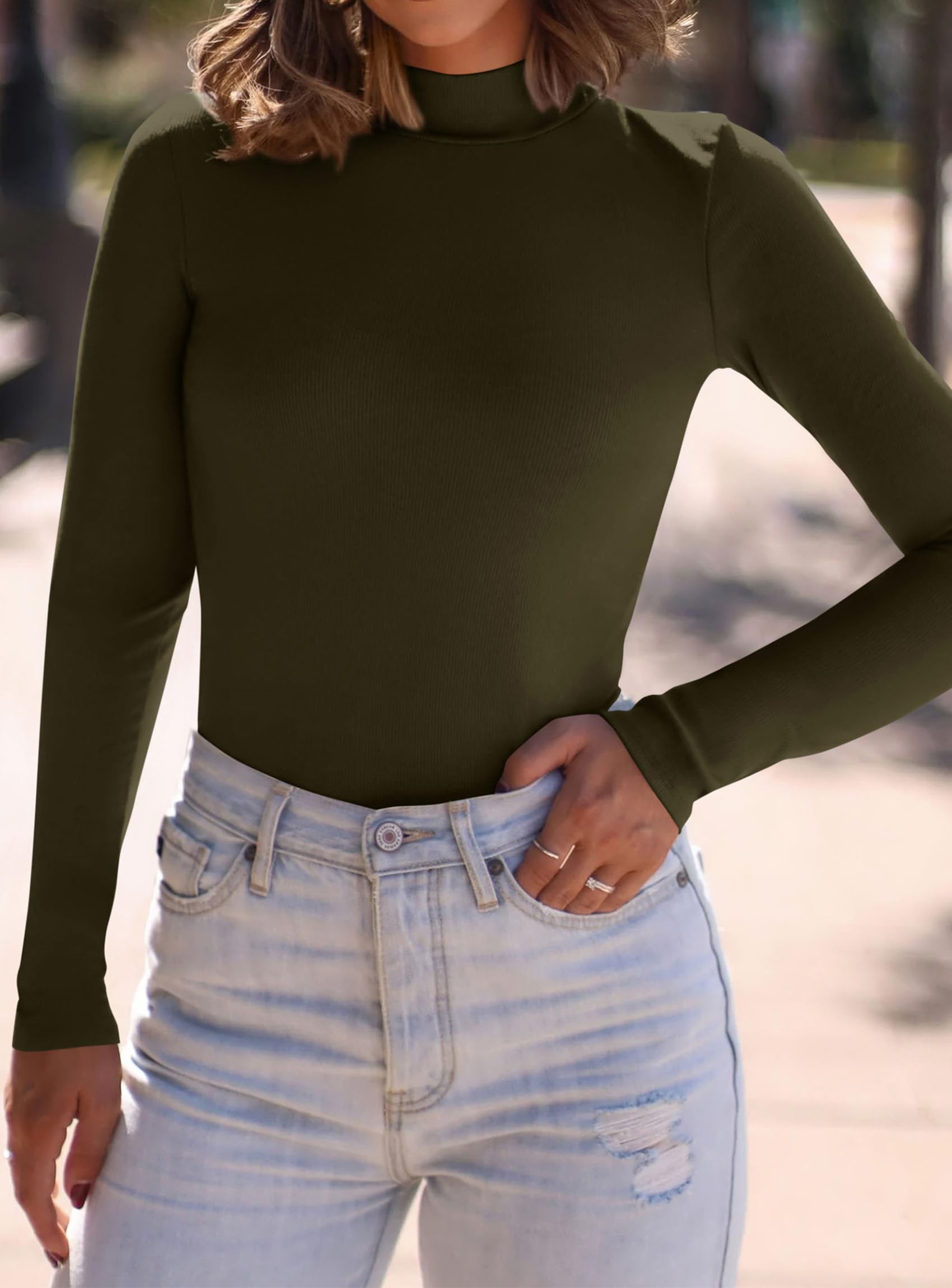 Womens Mock Turtleneck Fall Long Sleeve Shirts,Army Green,XS