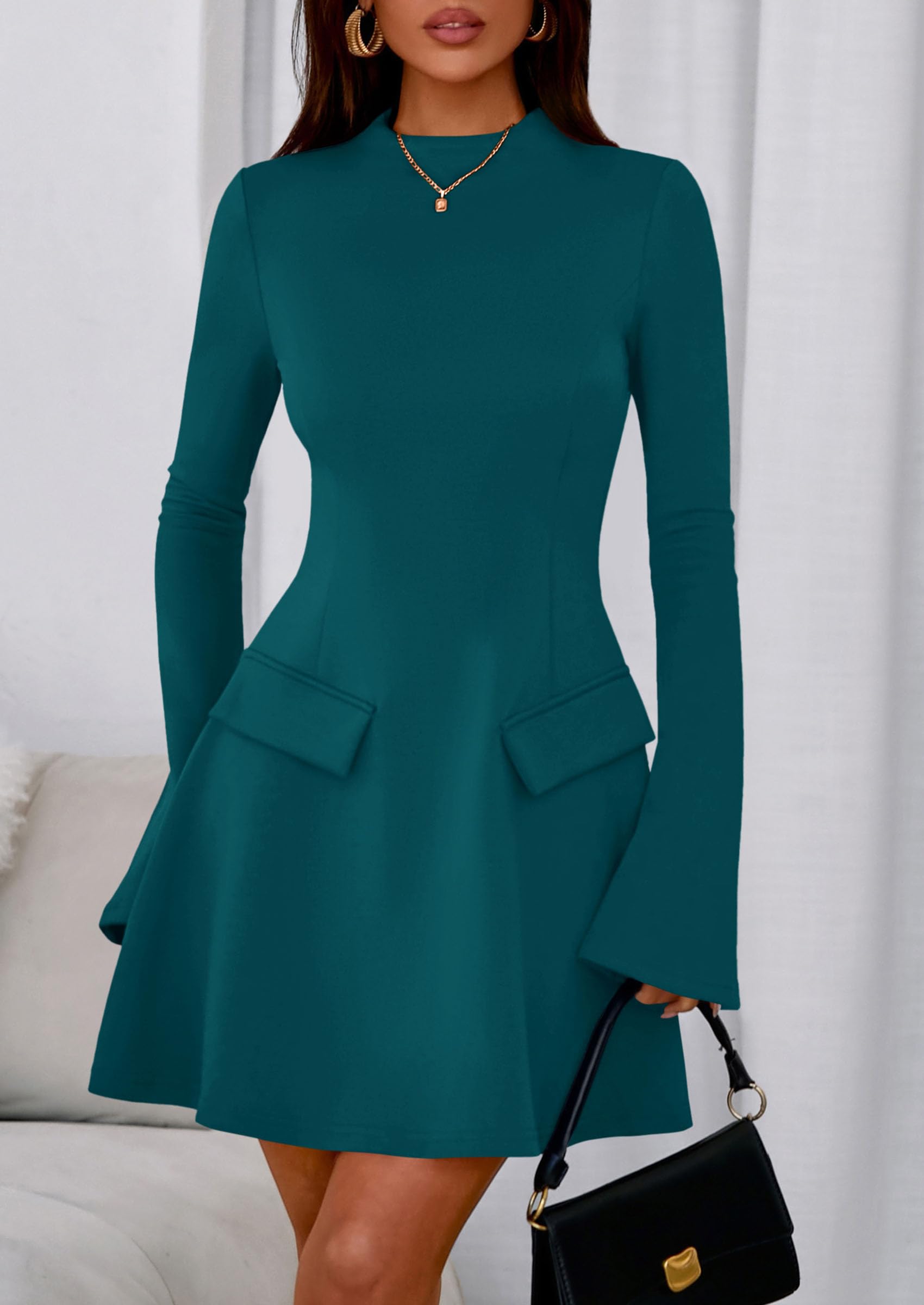 Women's Fall Bell Sleeve Short Dress,Blue Green,XS