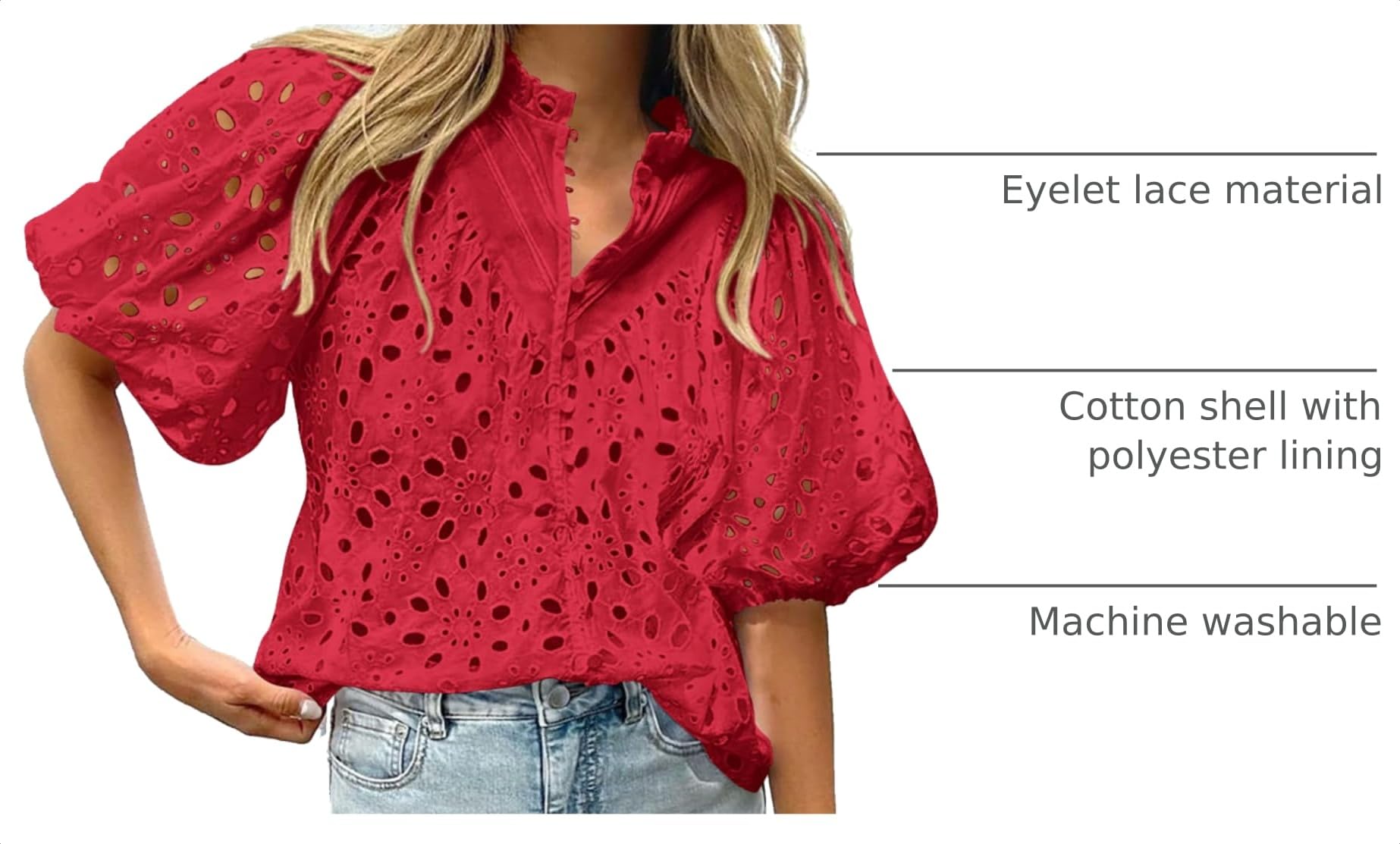 Womens Tops Boho Eyelet Puff Sleeve Blouse, Red,S