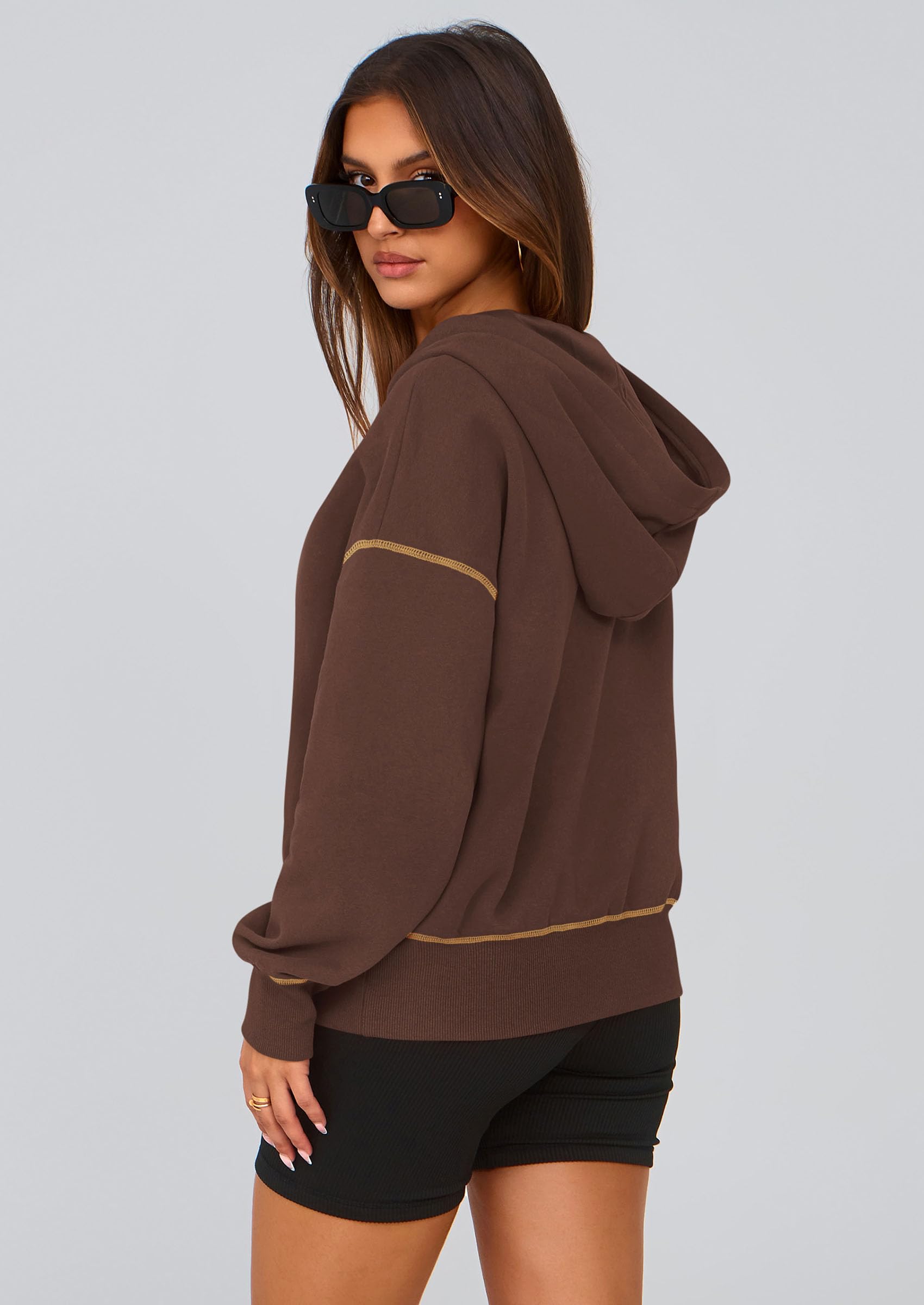 Women's Fall Half Zip Cropped Hoodie Sweatshirt Brown Coffee