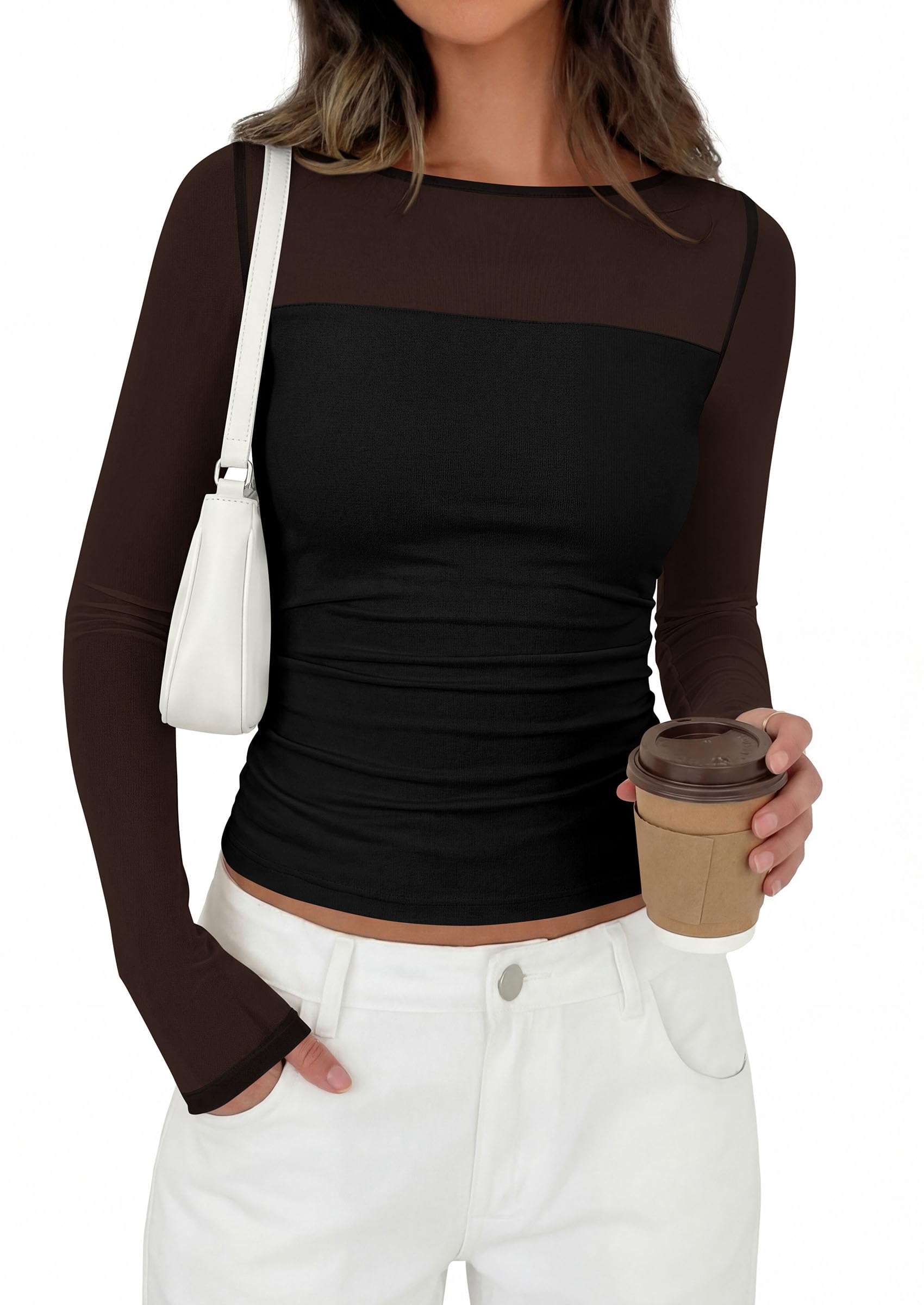 Women's Sheer Mesh Long Sleeve Going Out Tops (Black,S)