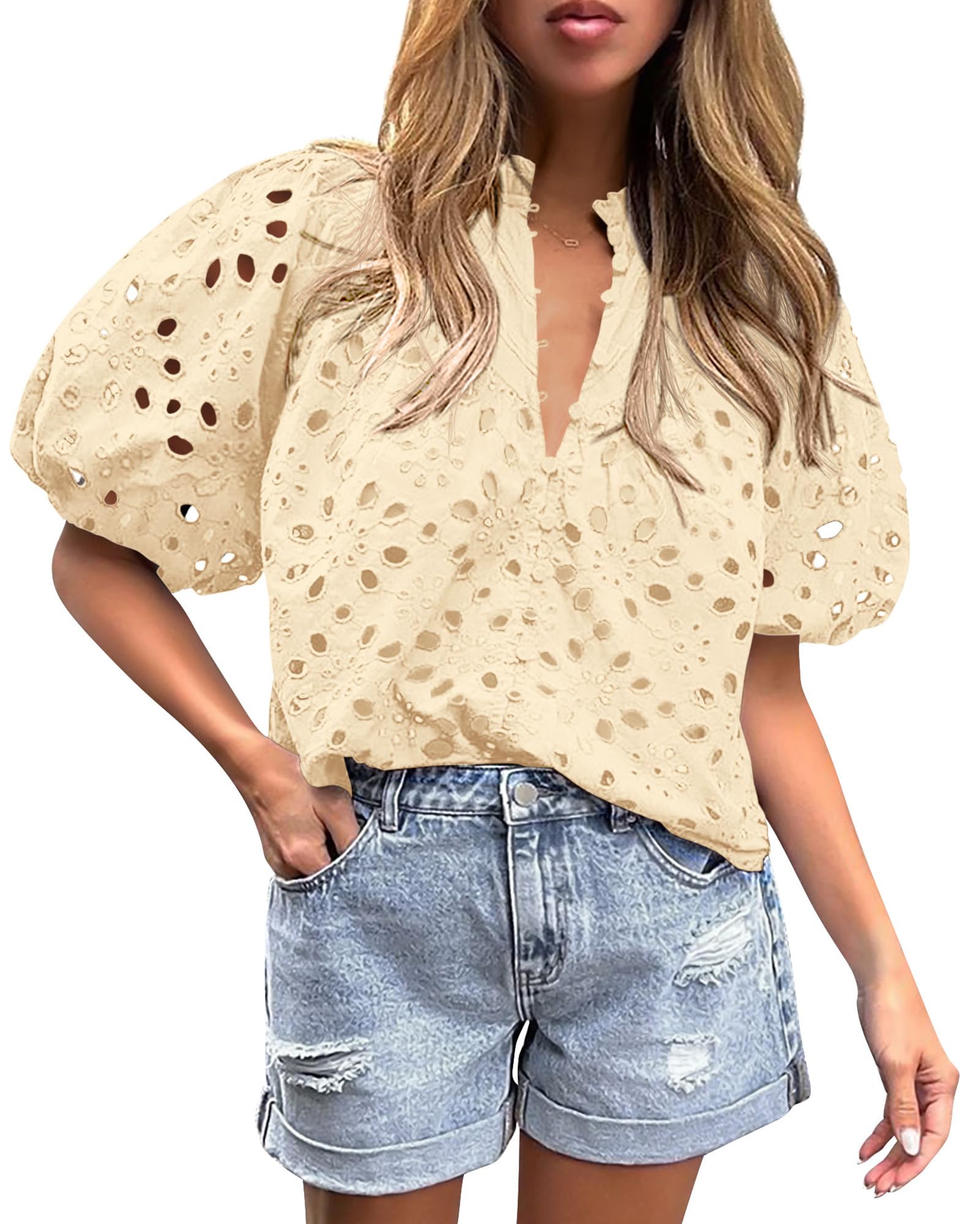 Womens Tops Boho Eyelet Puff Sleeve Blouse, Beige,S