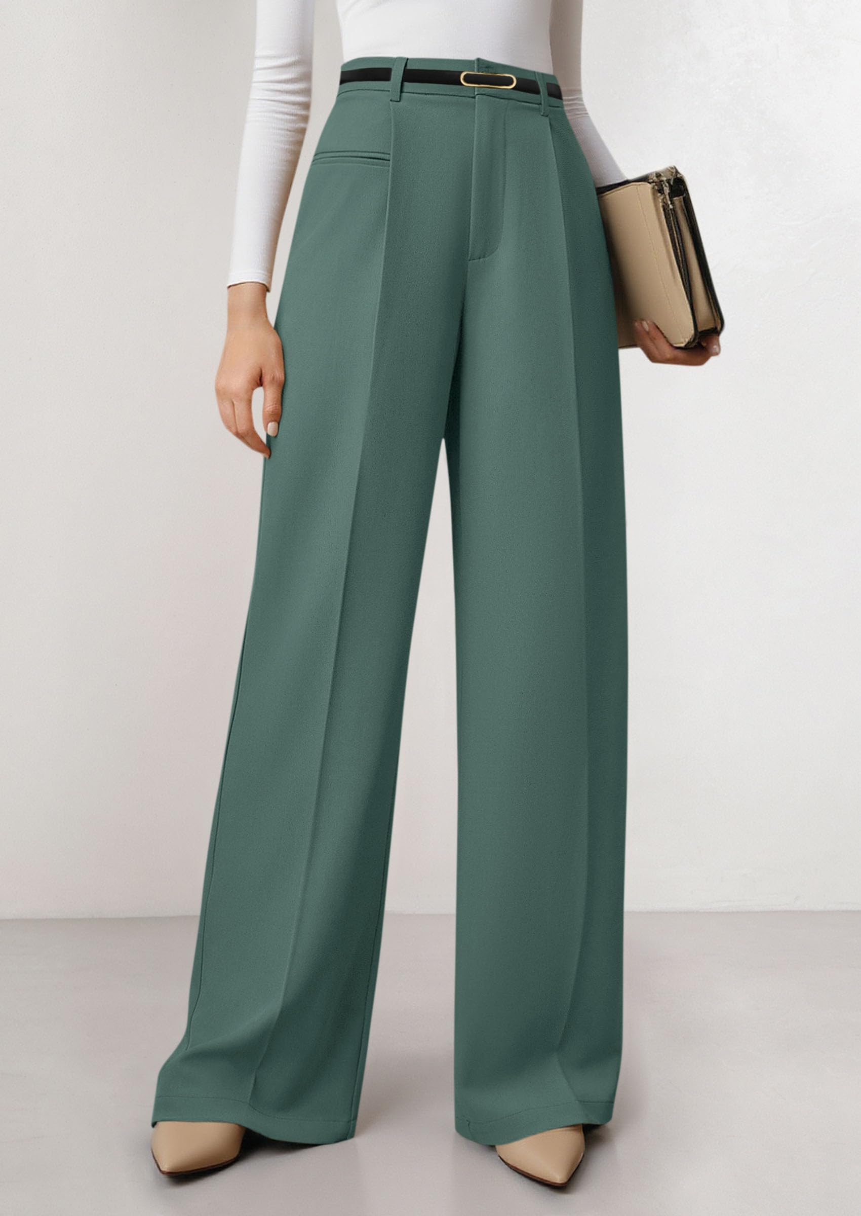 Women's Tailored Wide Leg Work Dress Pants,Grey Green,XS