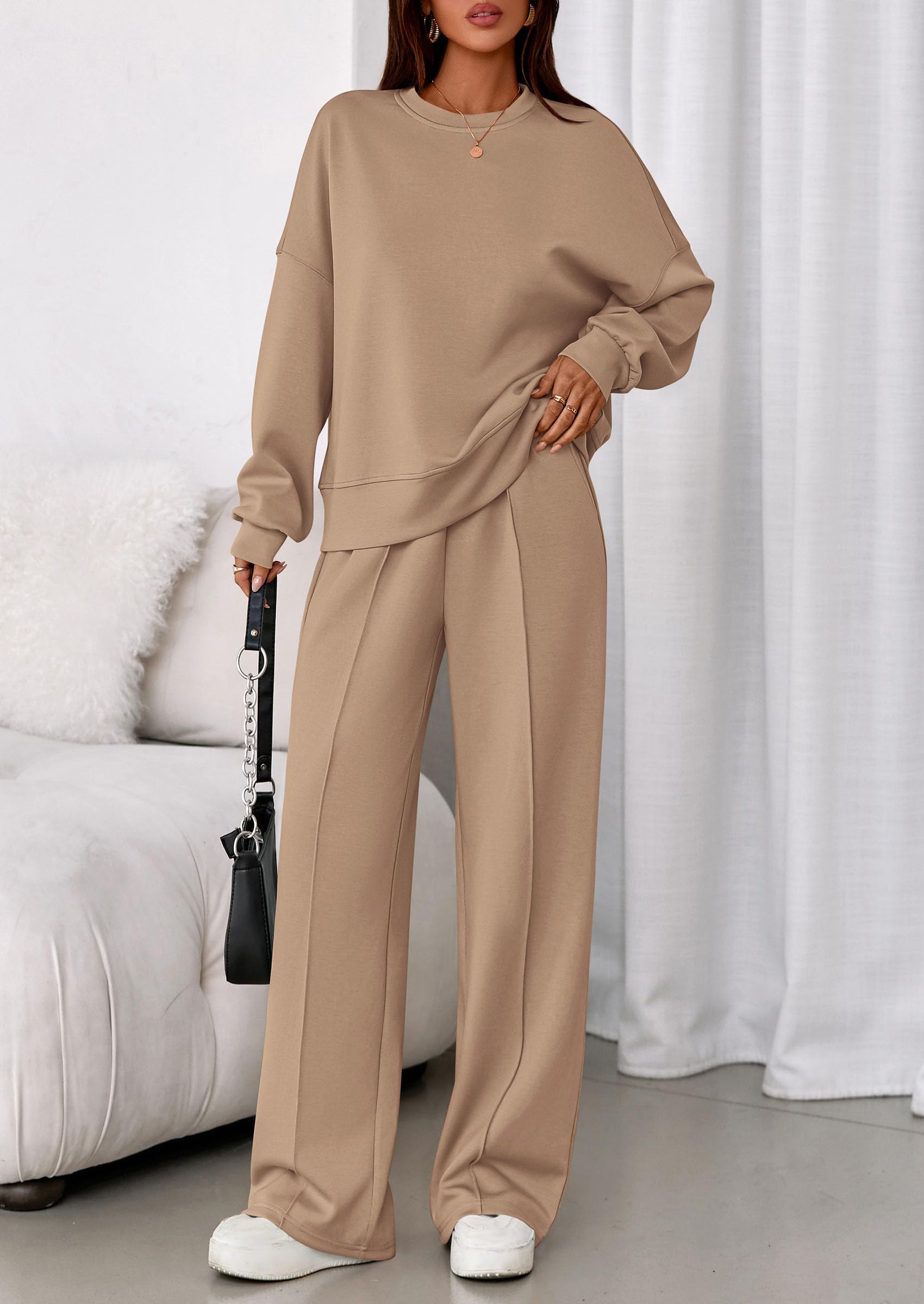 Womens Long Sleeve Sweatshirt 2 Piece Sets,Khaki,S