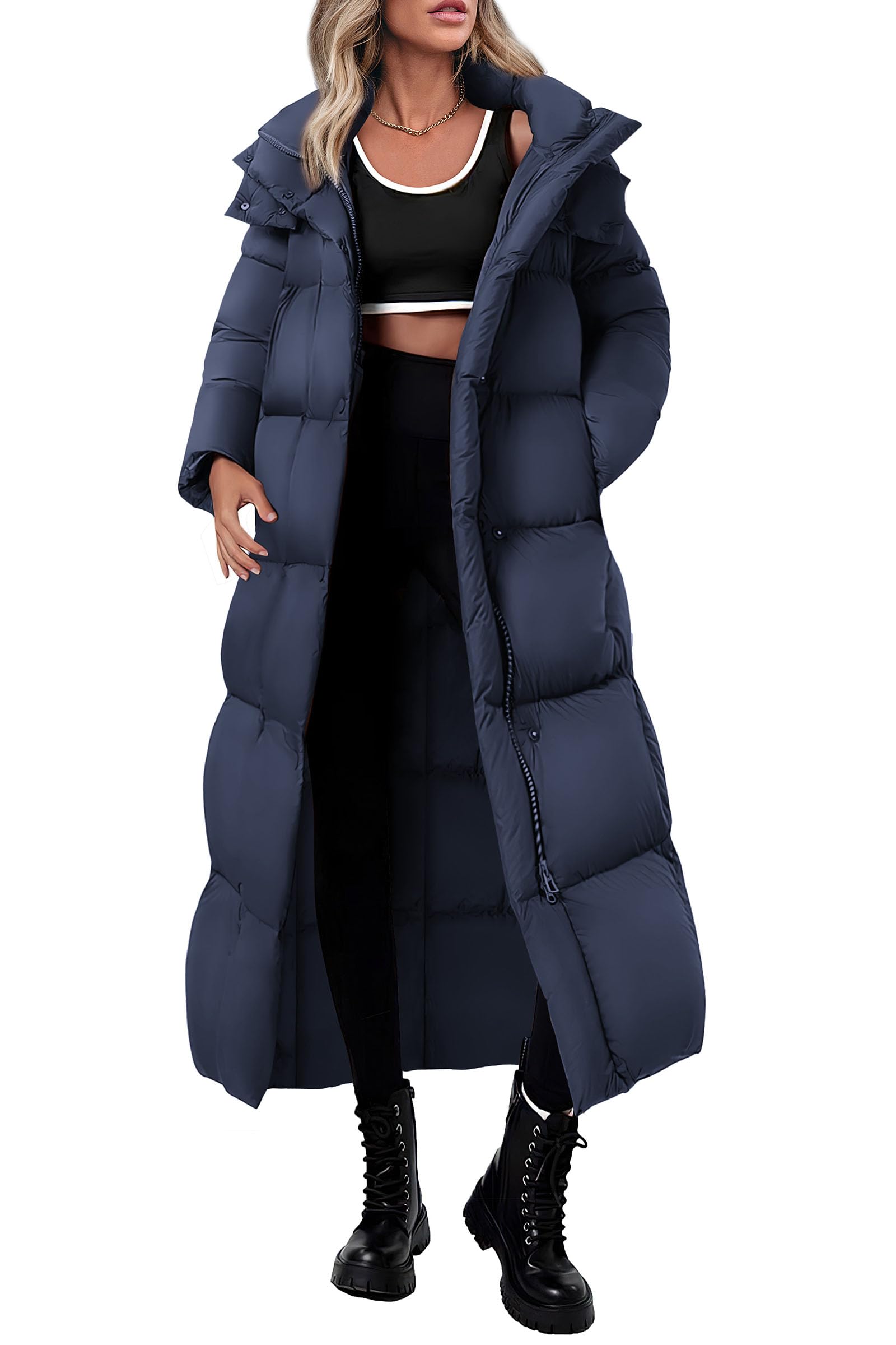 Women's Trendy Winter Long Puffer Coats(Dark Blue,X-Small)