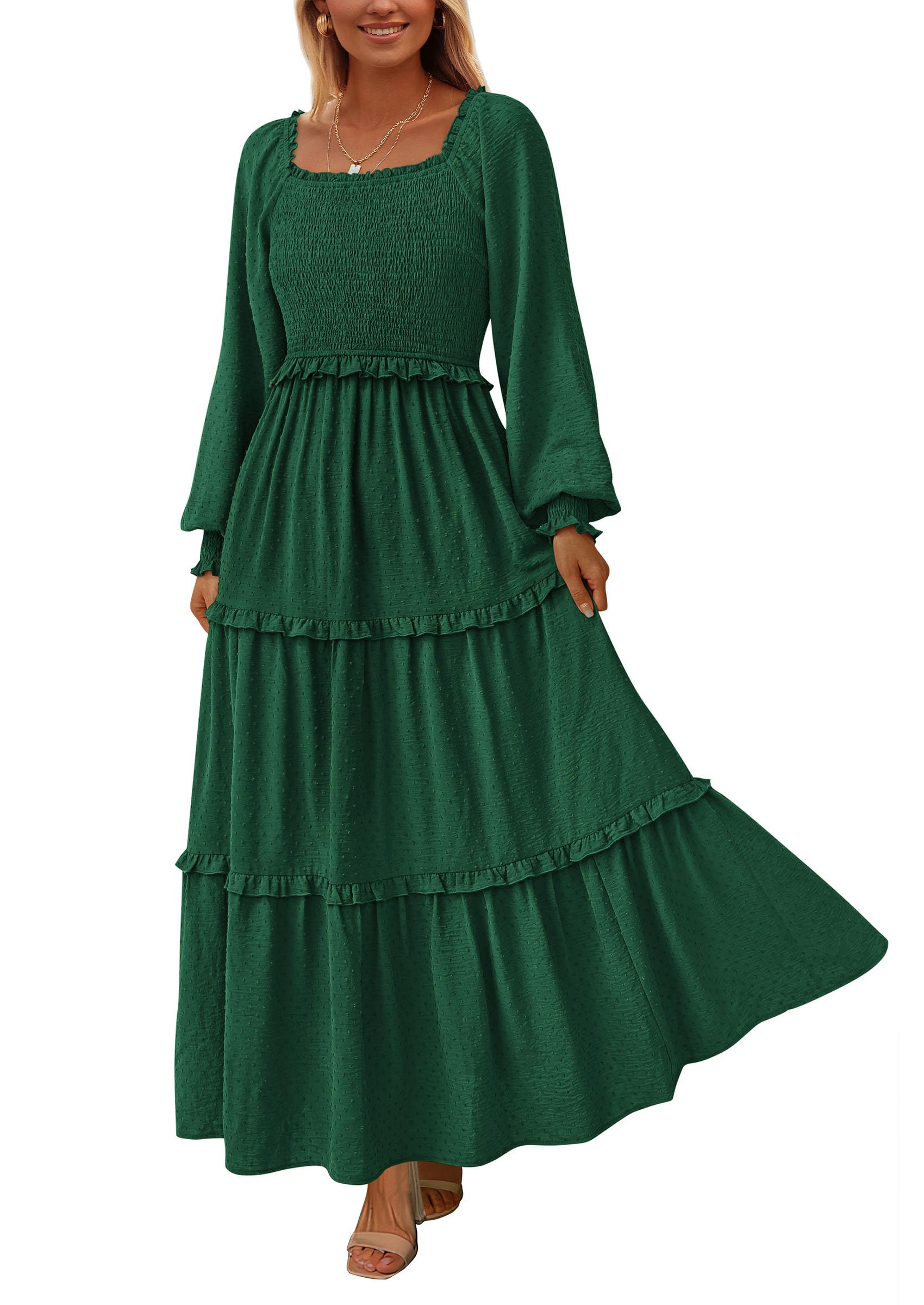 Women's Smocked Long Sleeve Maxi Dress Wedding Guest Dresses