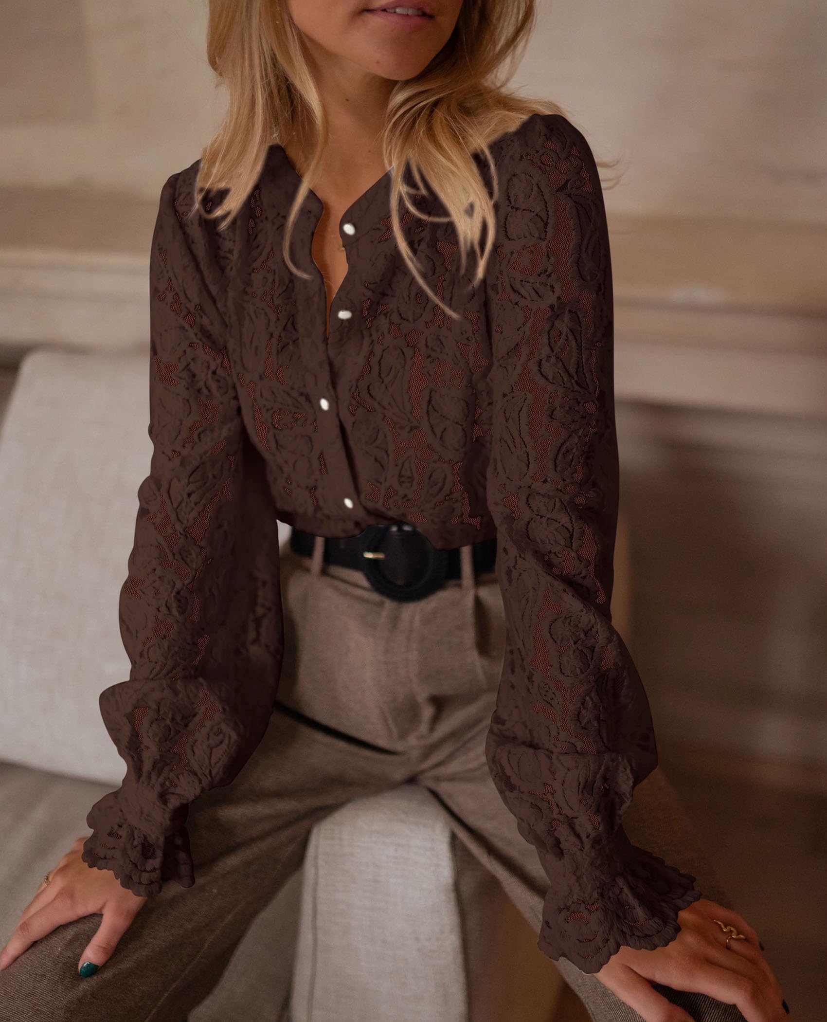 Women's Fall Trendy Long Sleeve Lace Tops(Coffee,Small)