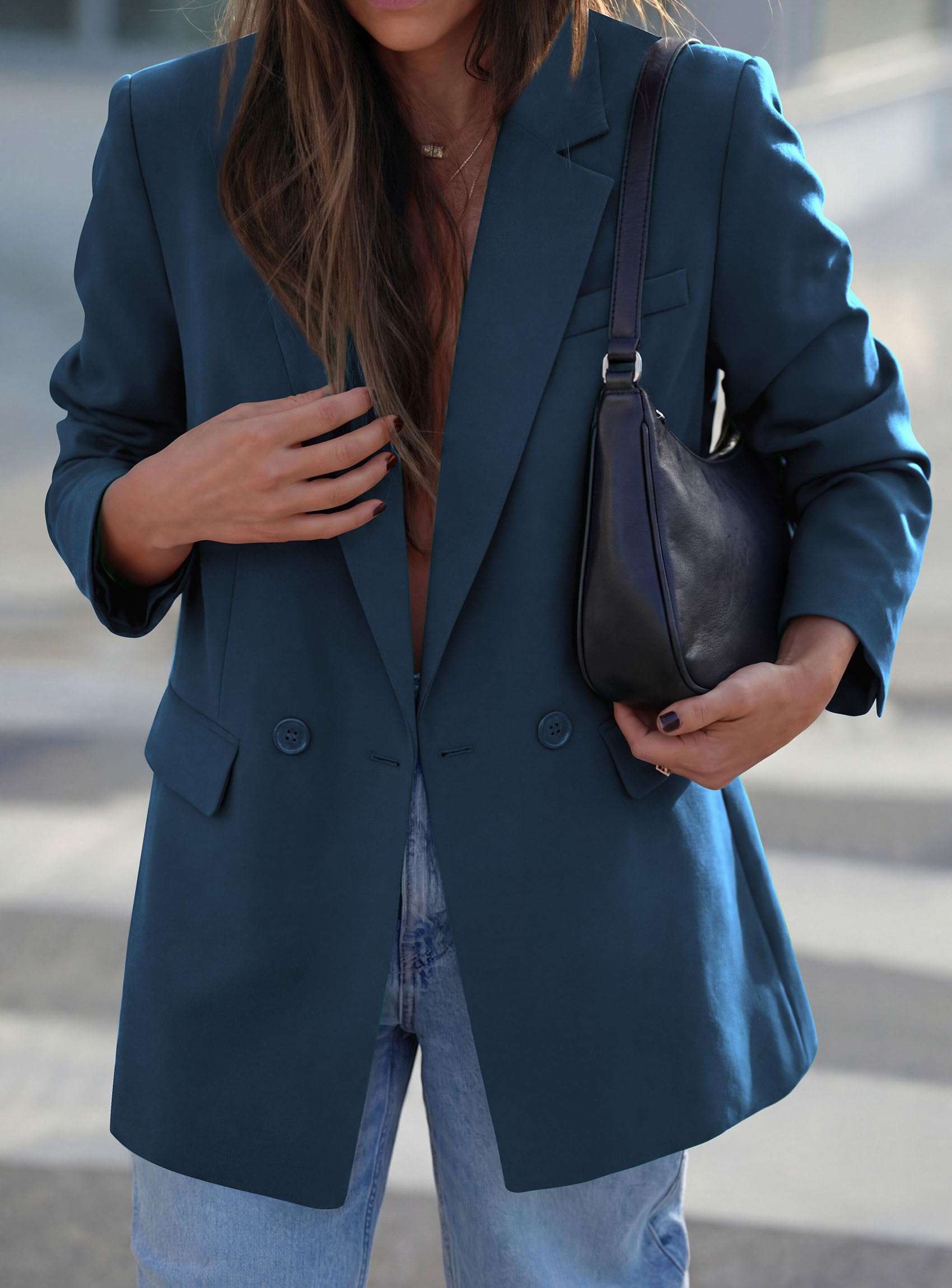 Women's Fall Business Casual Oversized Blazers(Dark Blue,S)