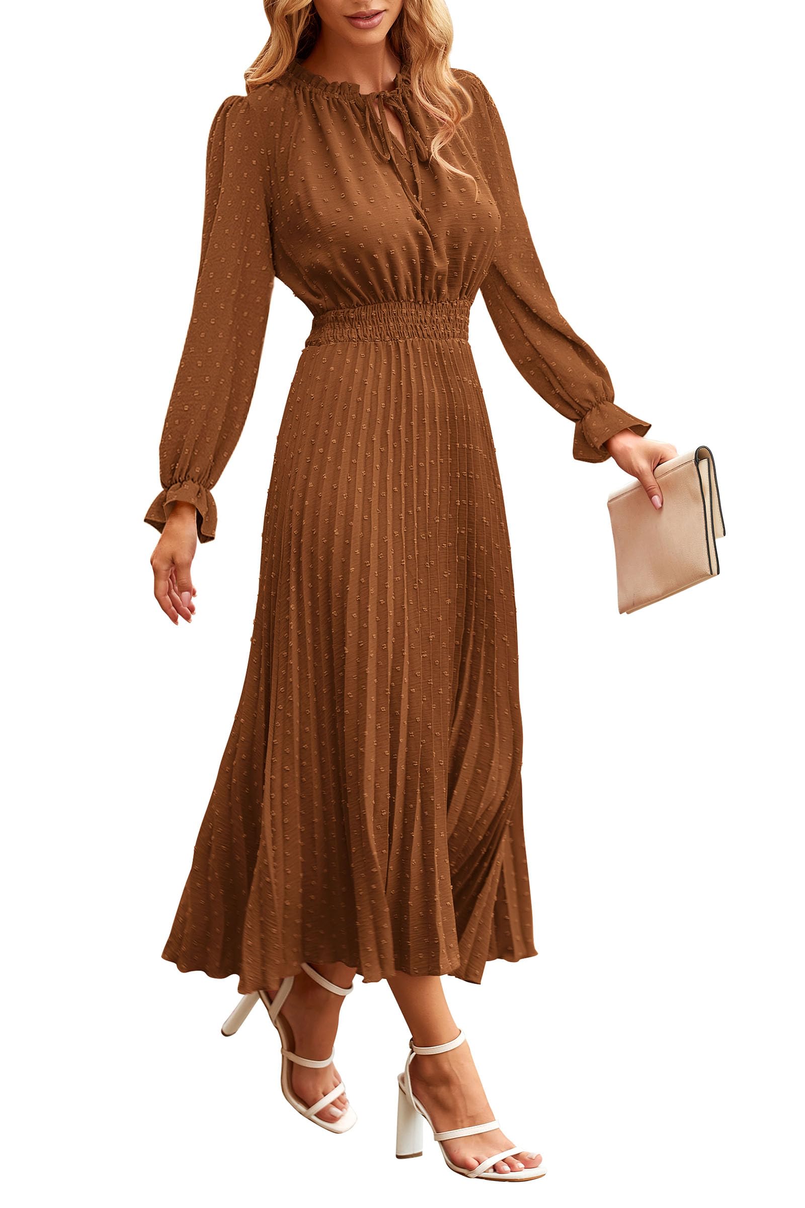 Women's 2025 Spring Fall Wedding Guest Dress Long Sleeve Swiss Dot Pleated A Line Midi Dress (Brown,Small)